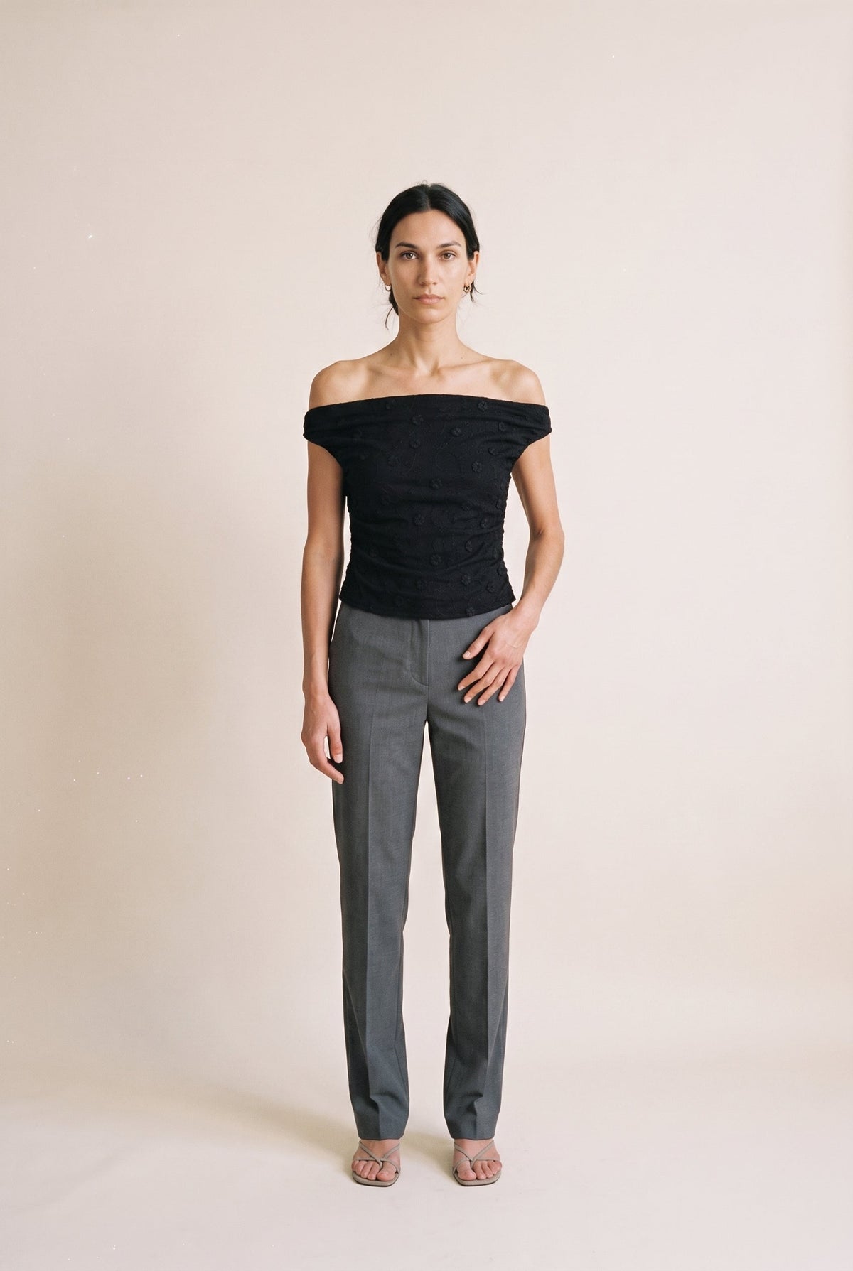Off Shoulder Ruched Textured Knit Top Black Edit By Nine