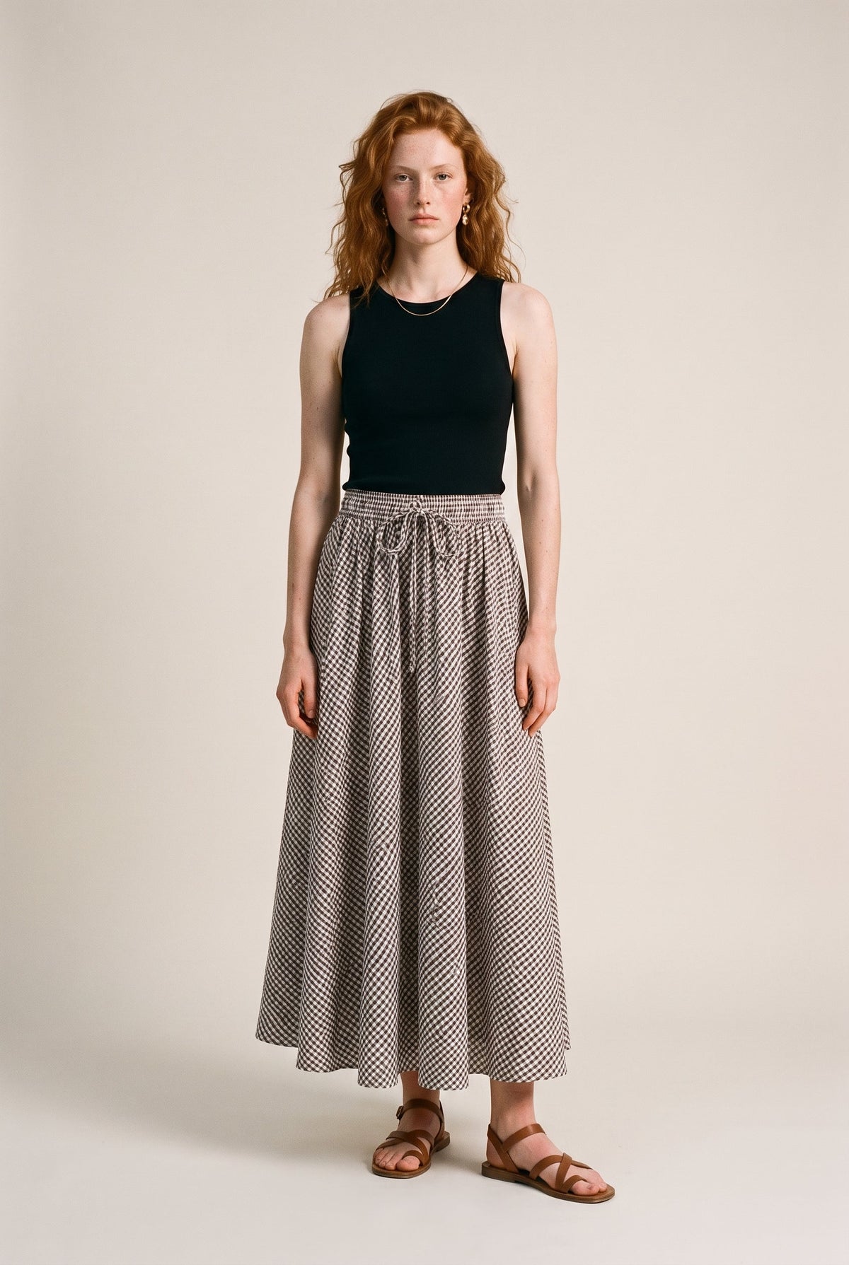Cotton Blend Pull On Midi Skirt In Gingham Audrey 3+1