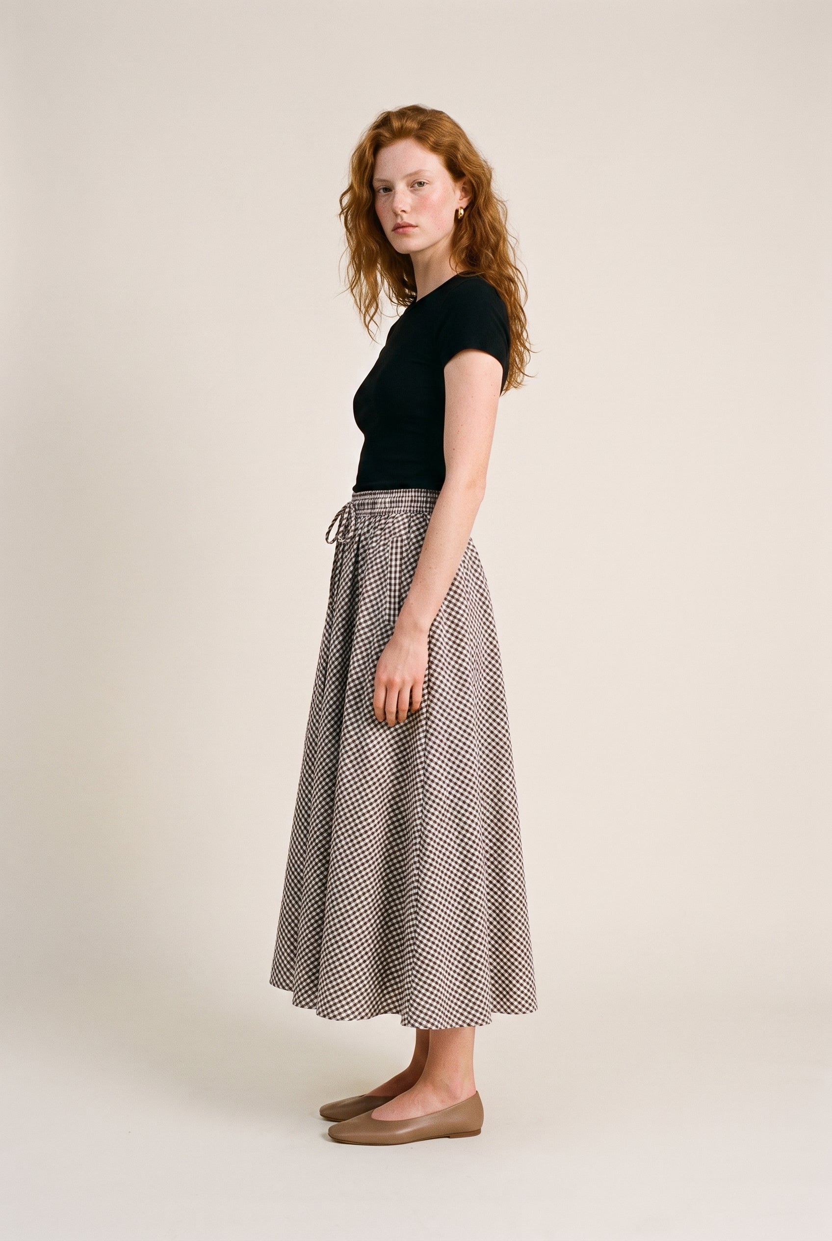 Cotton Blend Pull On Midi Skirt In Gingham