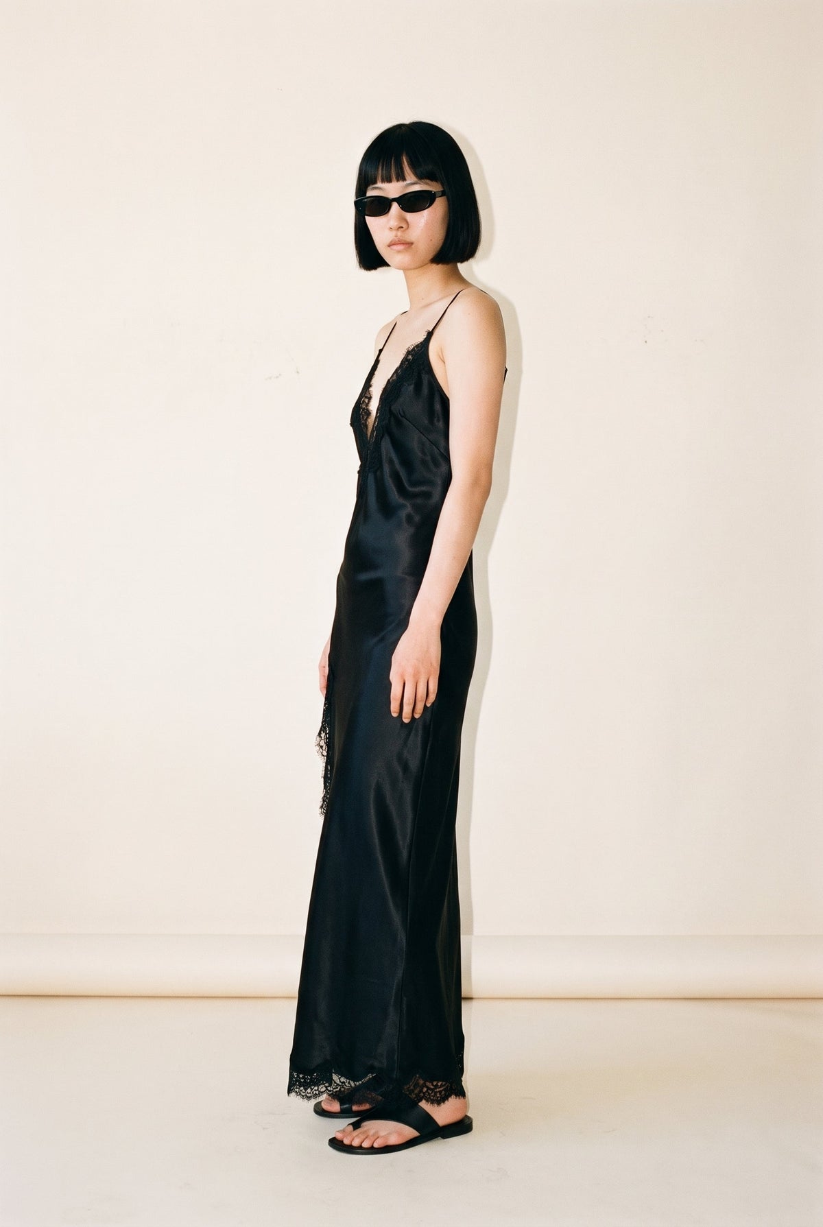 Monroe Deep Plunge Satin Lace Trim Midi Dress Slow High