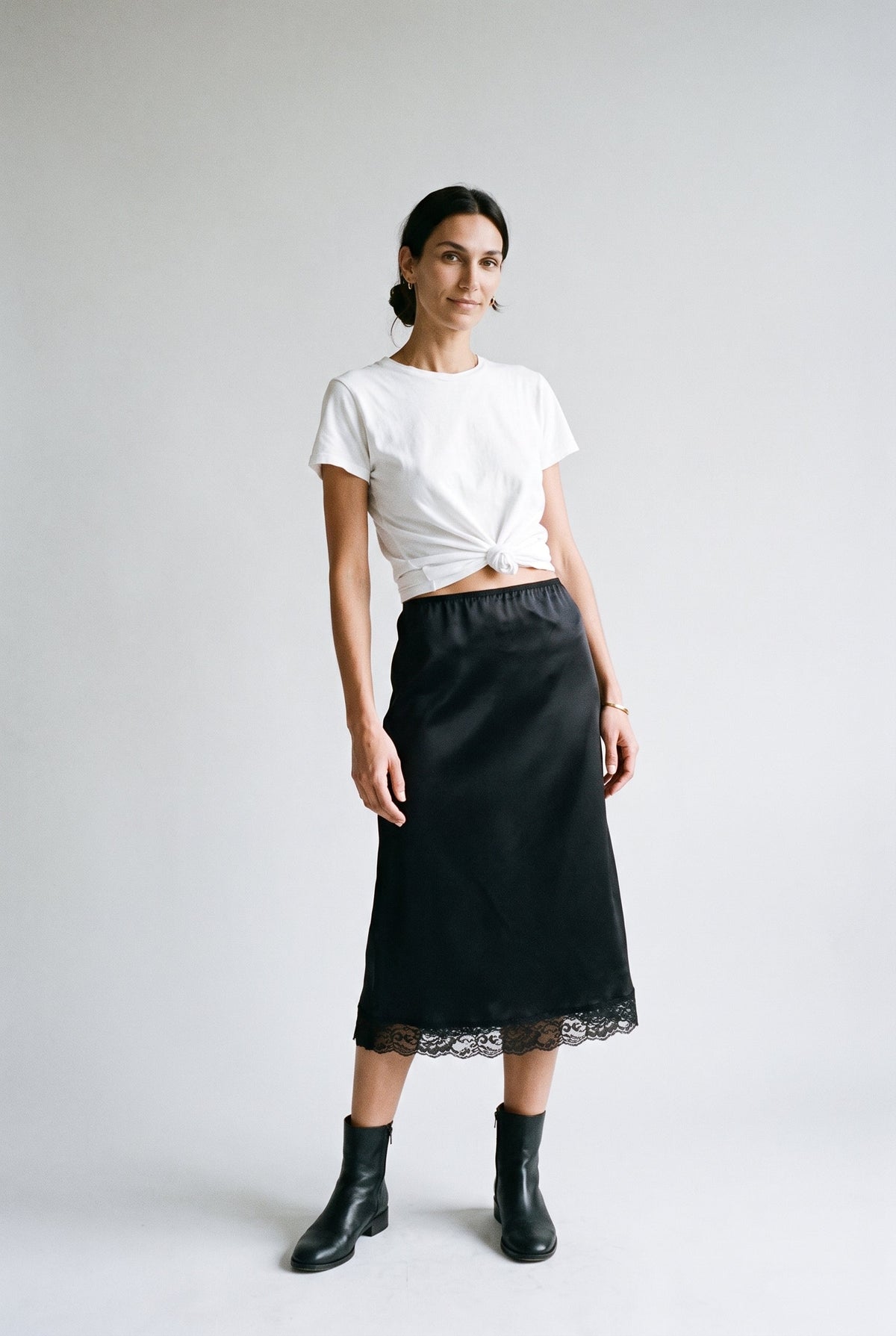 Satin Lace Trim Midi Skirt COCA