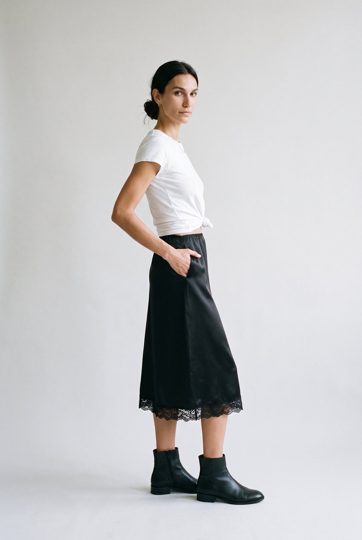 Satin Lace Trim Midi Skirt COCA
