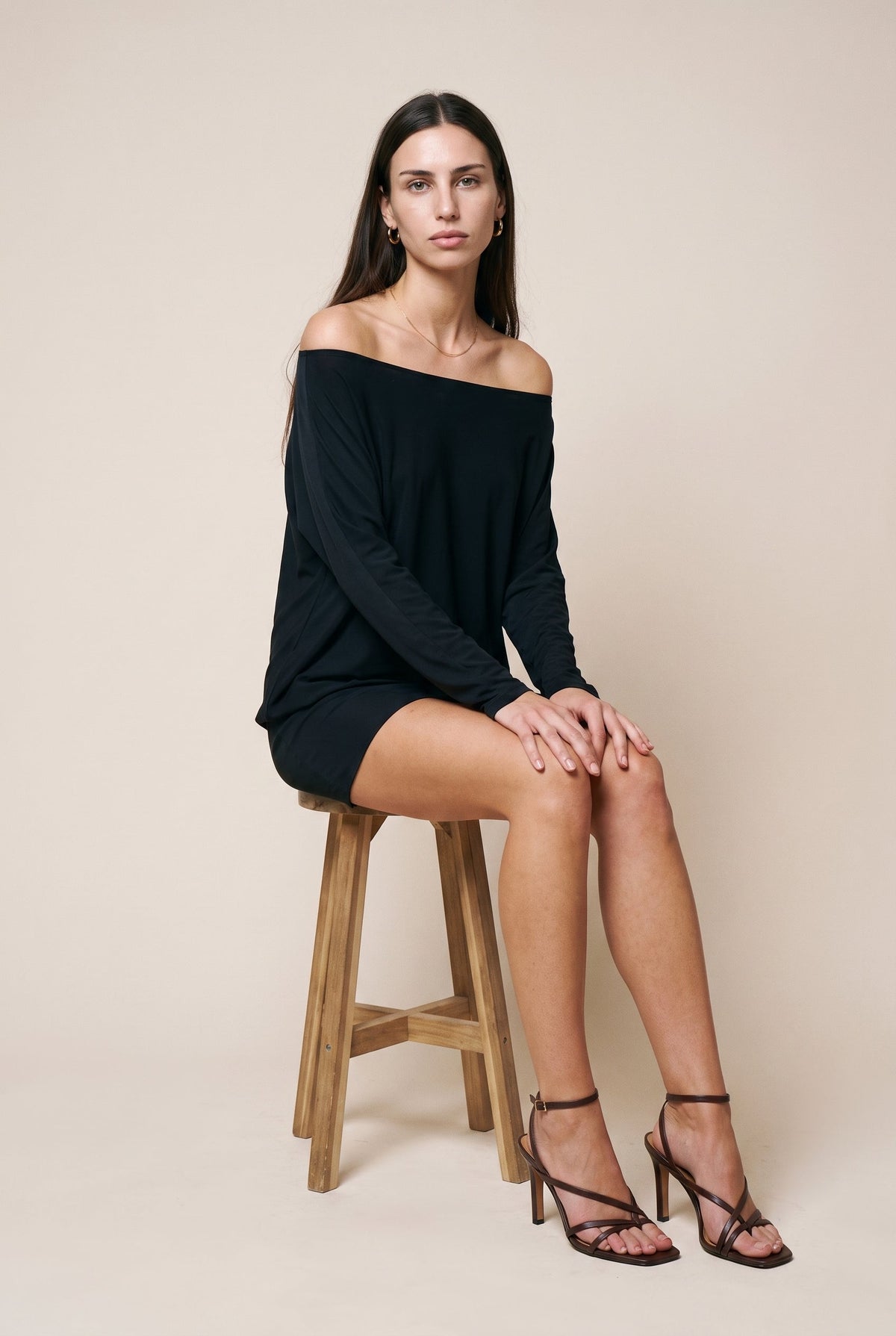 Boat Neck Loose Fit Top Long Sleeve Mini Dress Blue Blush