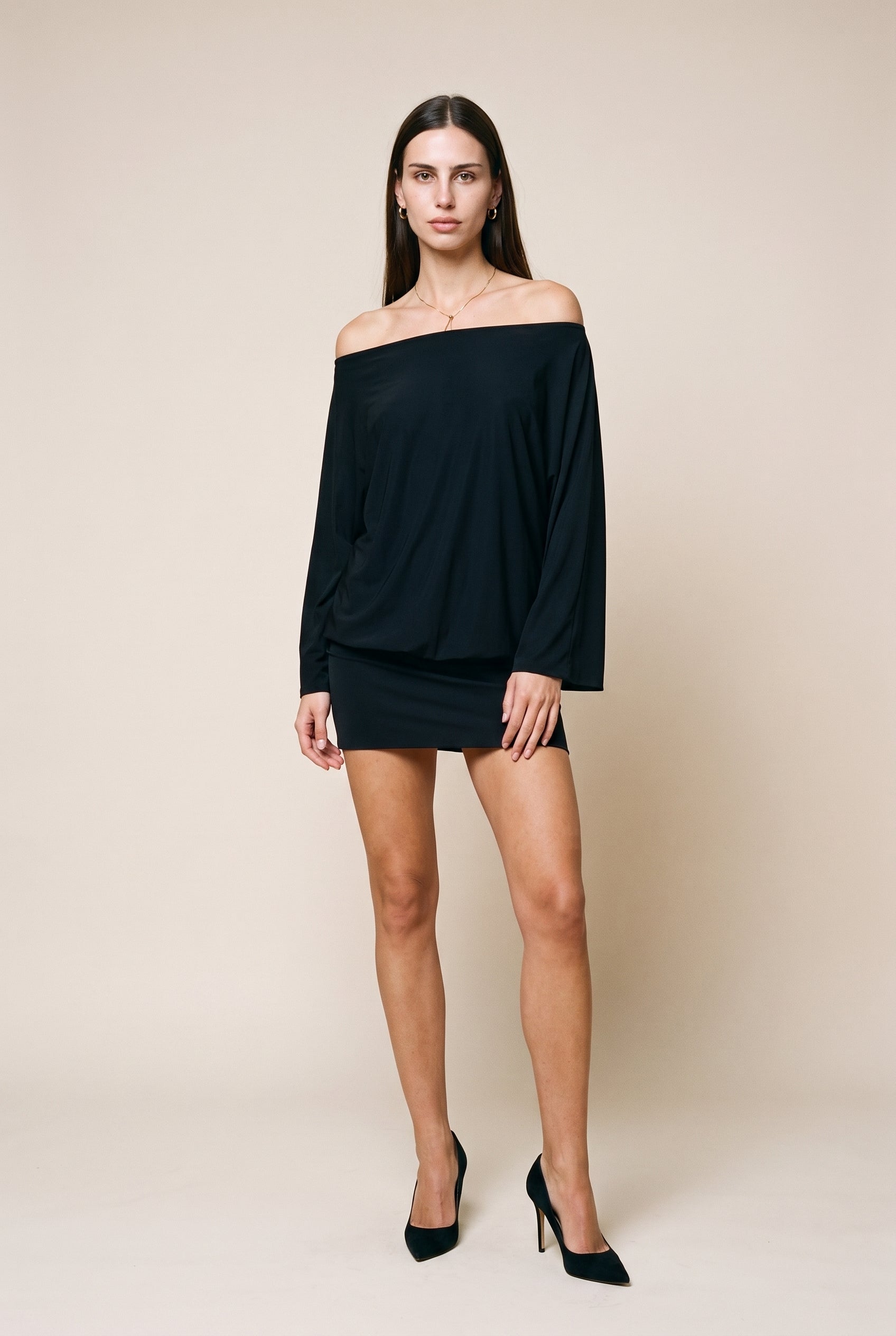 Boat Neck Loose Fit Top Long Sleeve Mini Dress