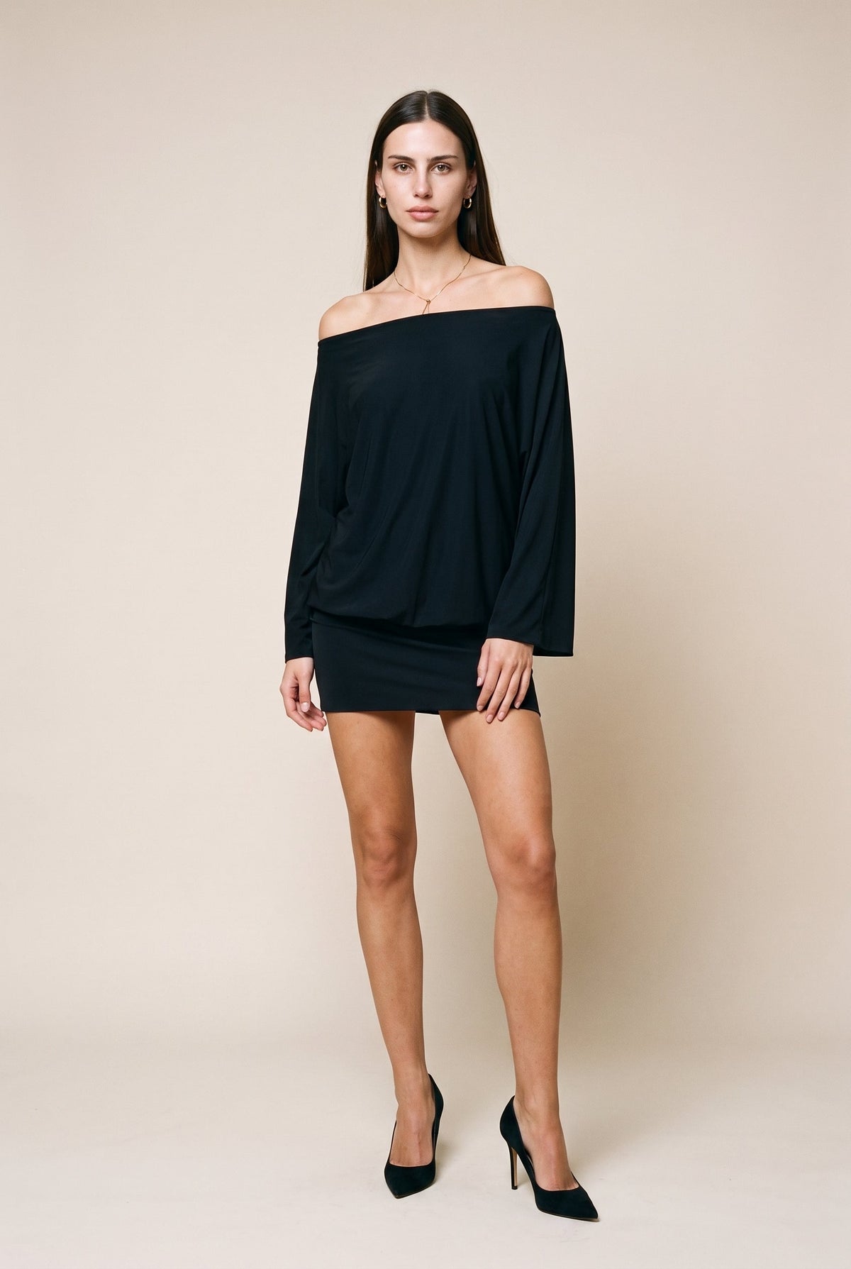 Boat Neck Loose Fit Top Long Sleeve Mini Dress Blue Blush