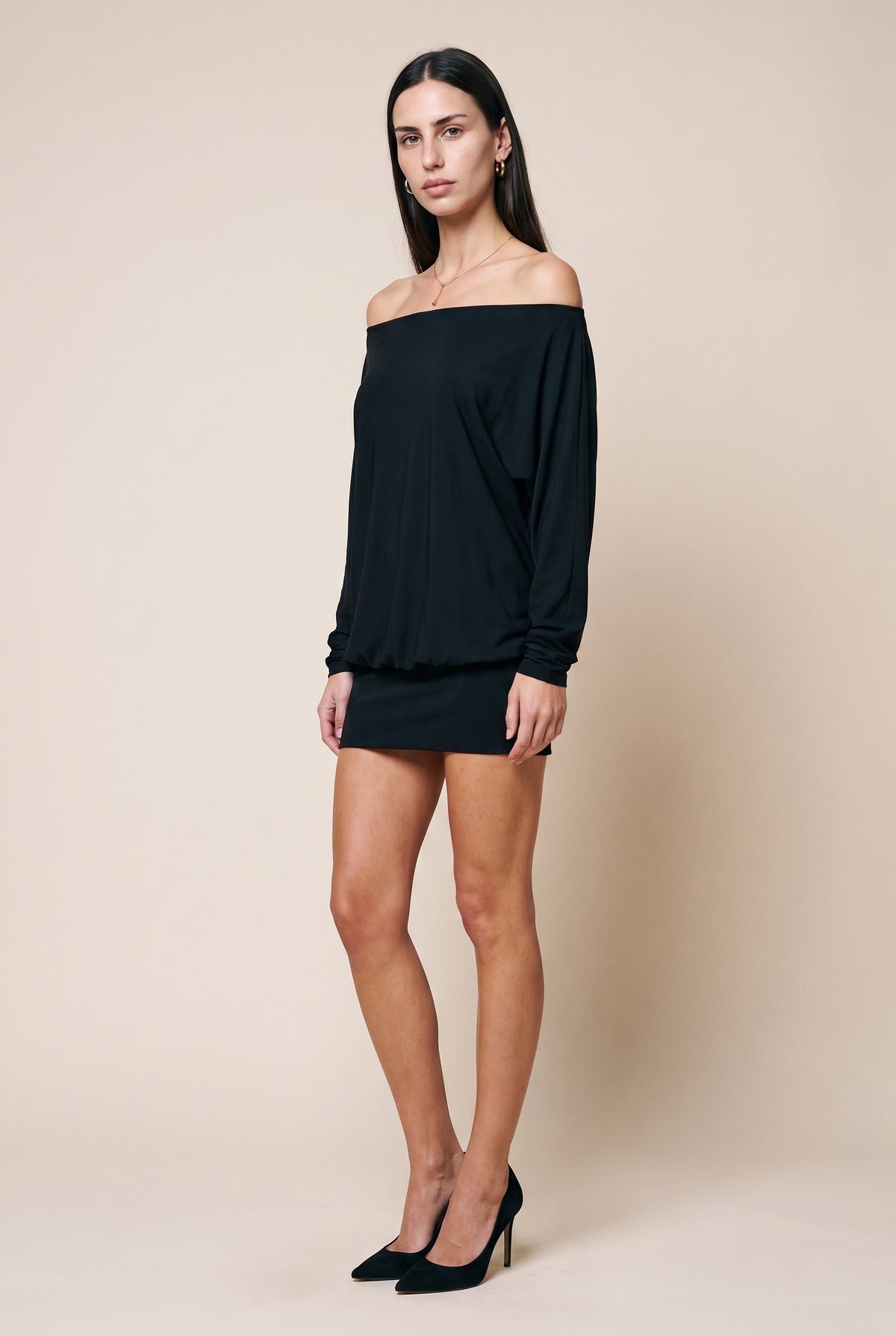 Boat Neck Loose Fit Top Long Sleeve Mini Dress