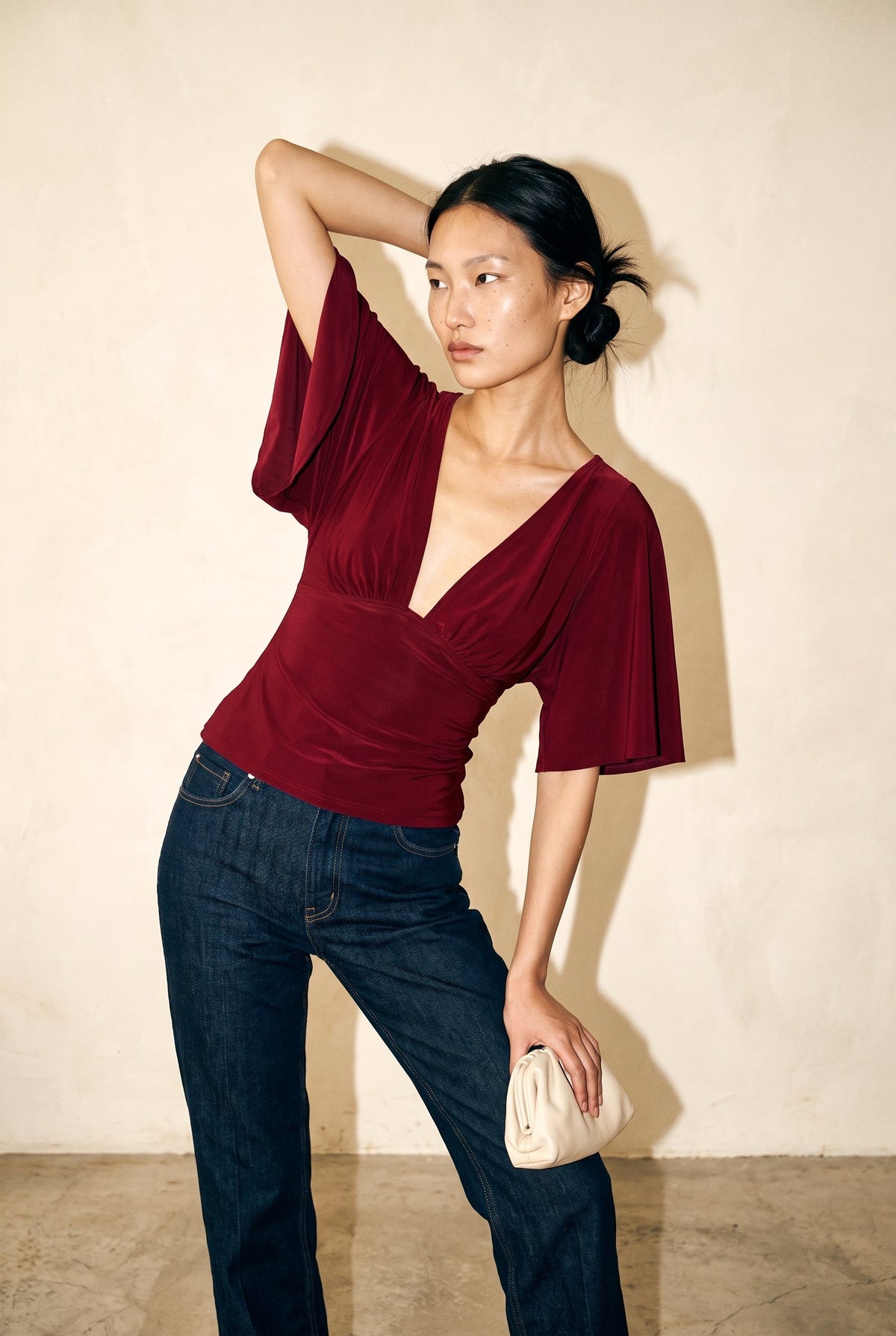Plunging Bell Short Sleeve Fitted Top Blue Blush
