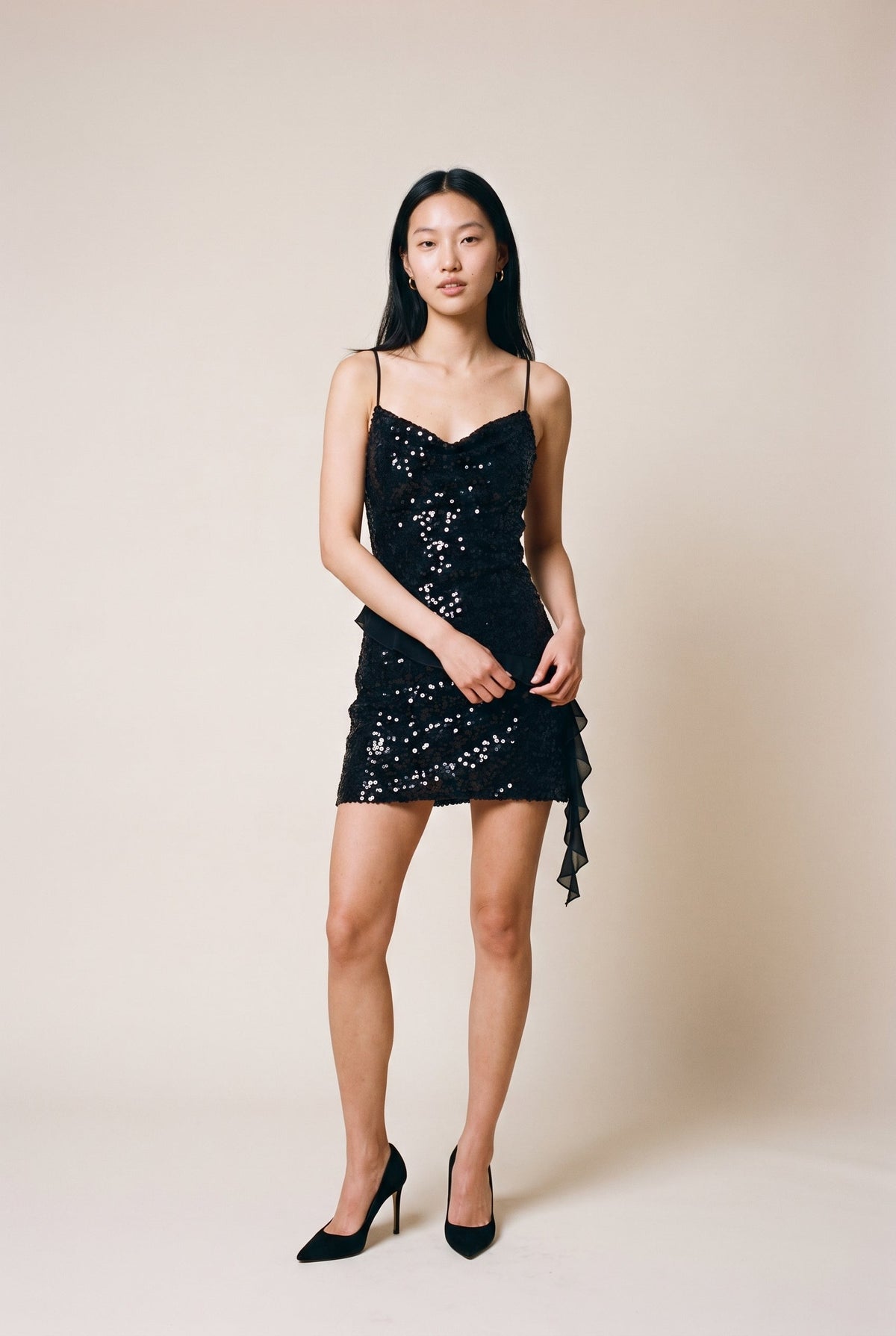 Cowl Neck Sequin Mini Dress With Ruffled Detail Blue Blush