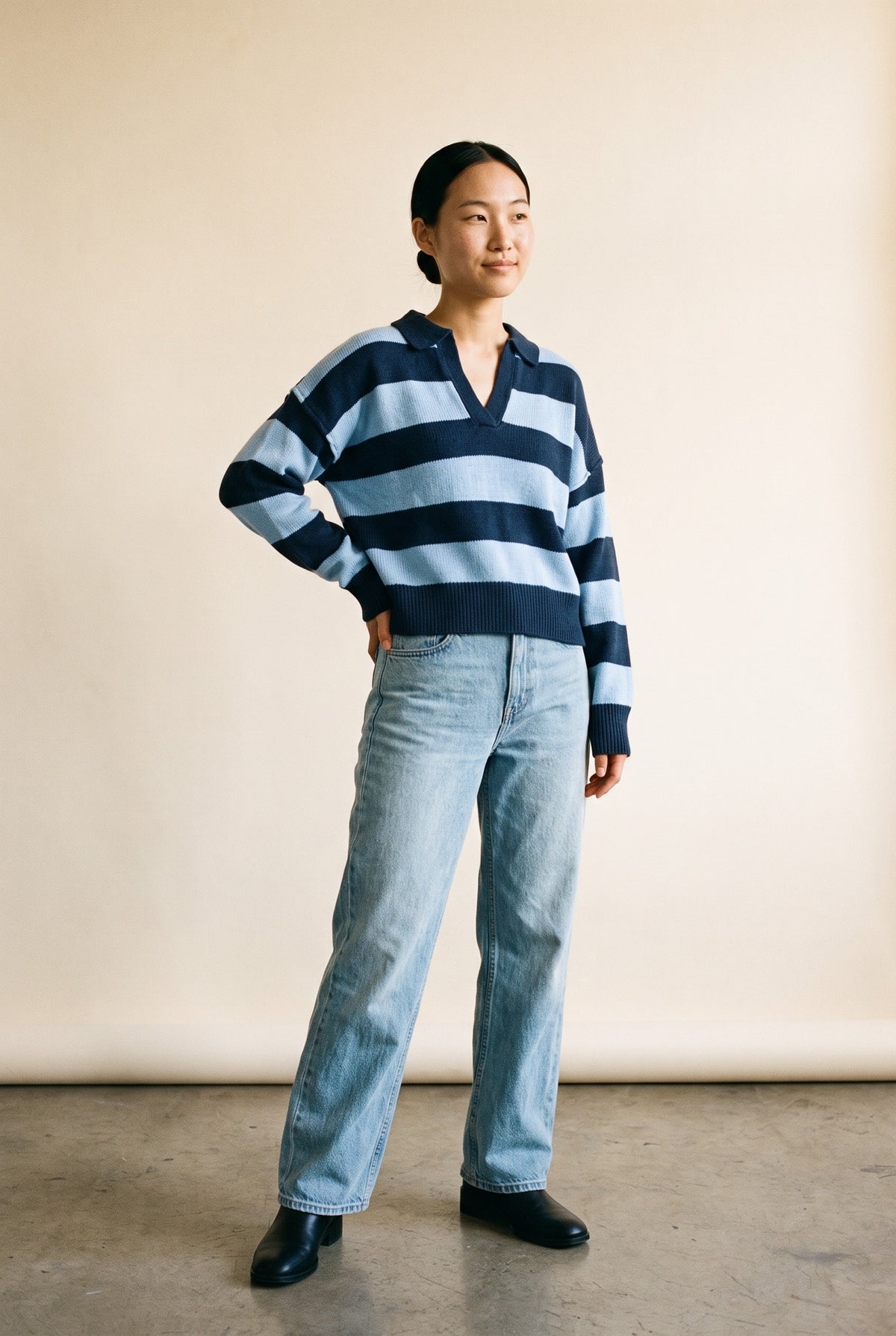 Sweater Top in navy stripe — front
