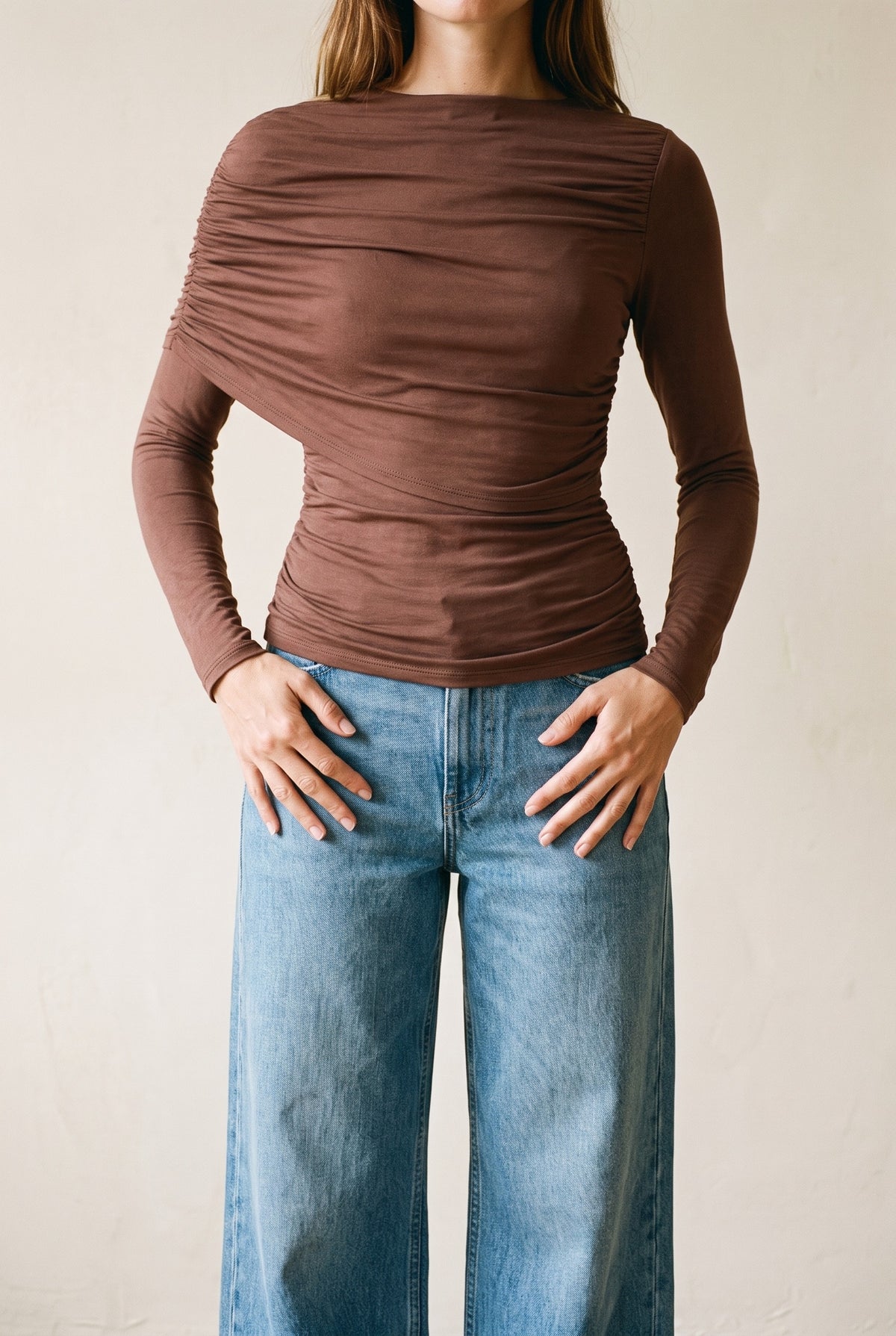 Brown asymmetric cape top — ruched detail