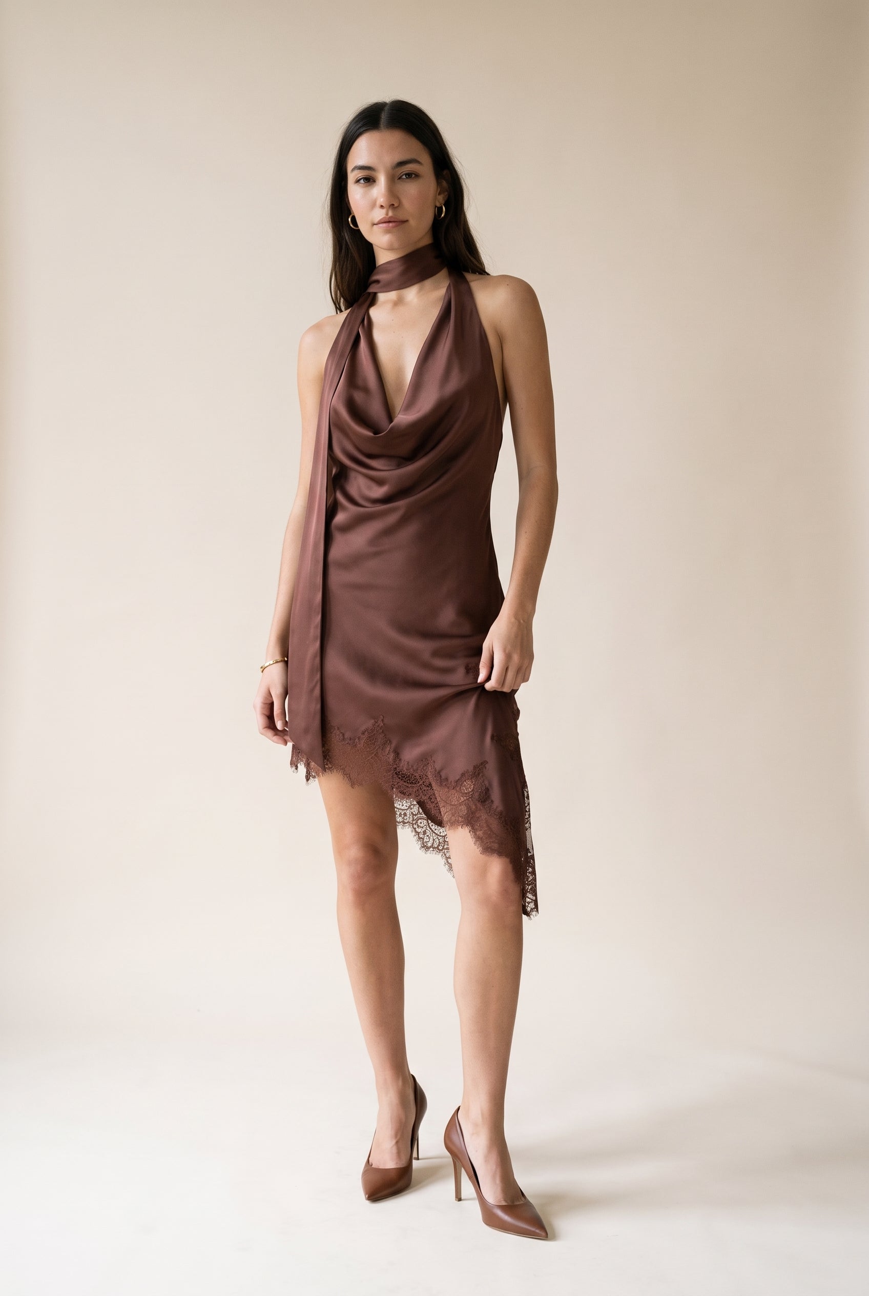 Satin Lace Trim Scarf Dress