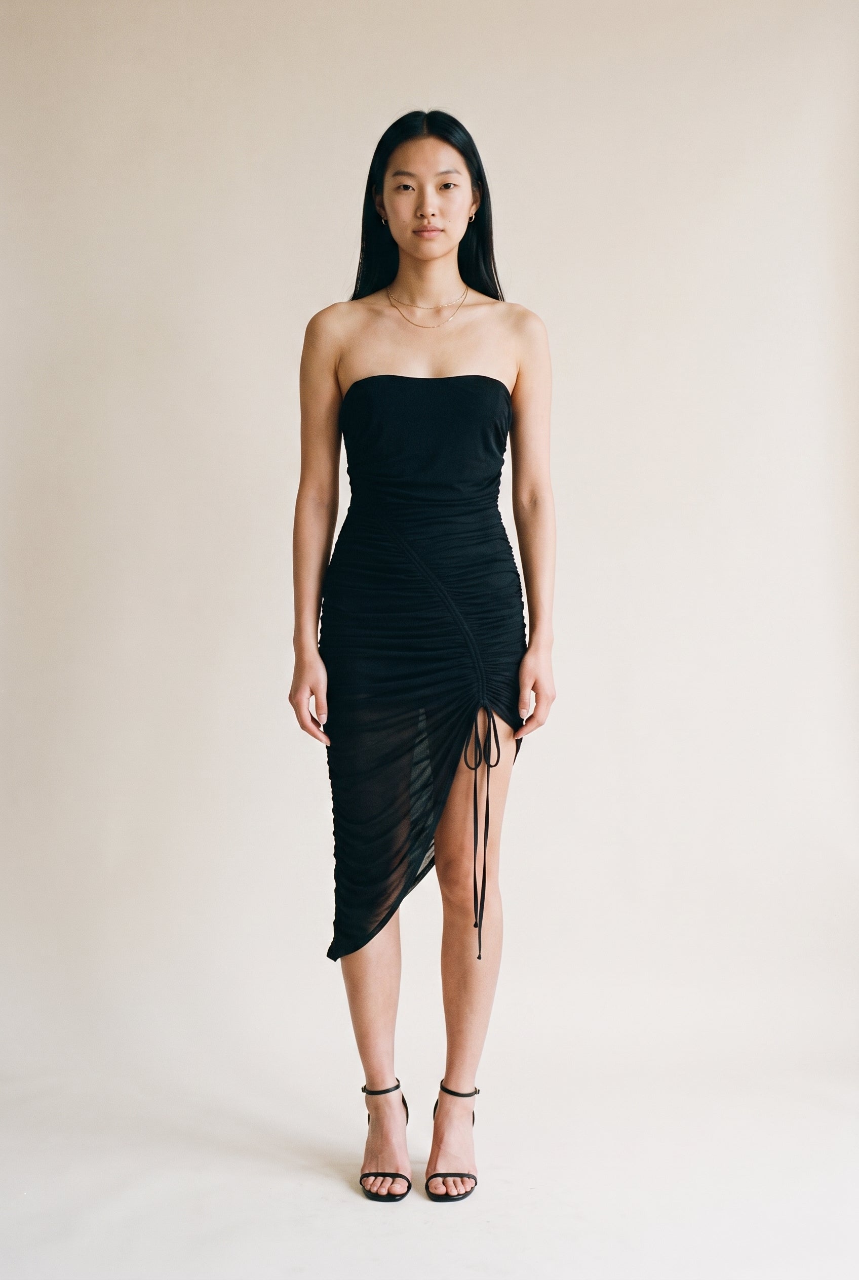 Asymmetrical Drawstring Ruched Midi Dress