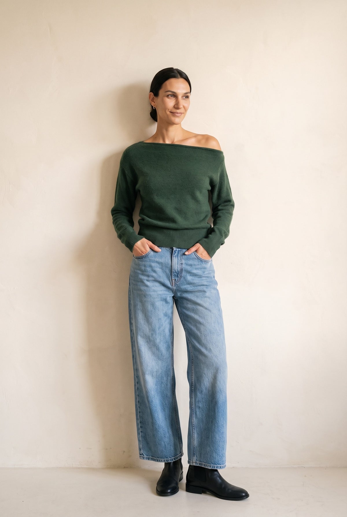 Off The Shoulder Sweater Top in dark green β full length with denim
