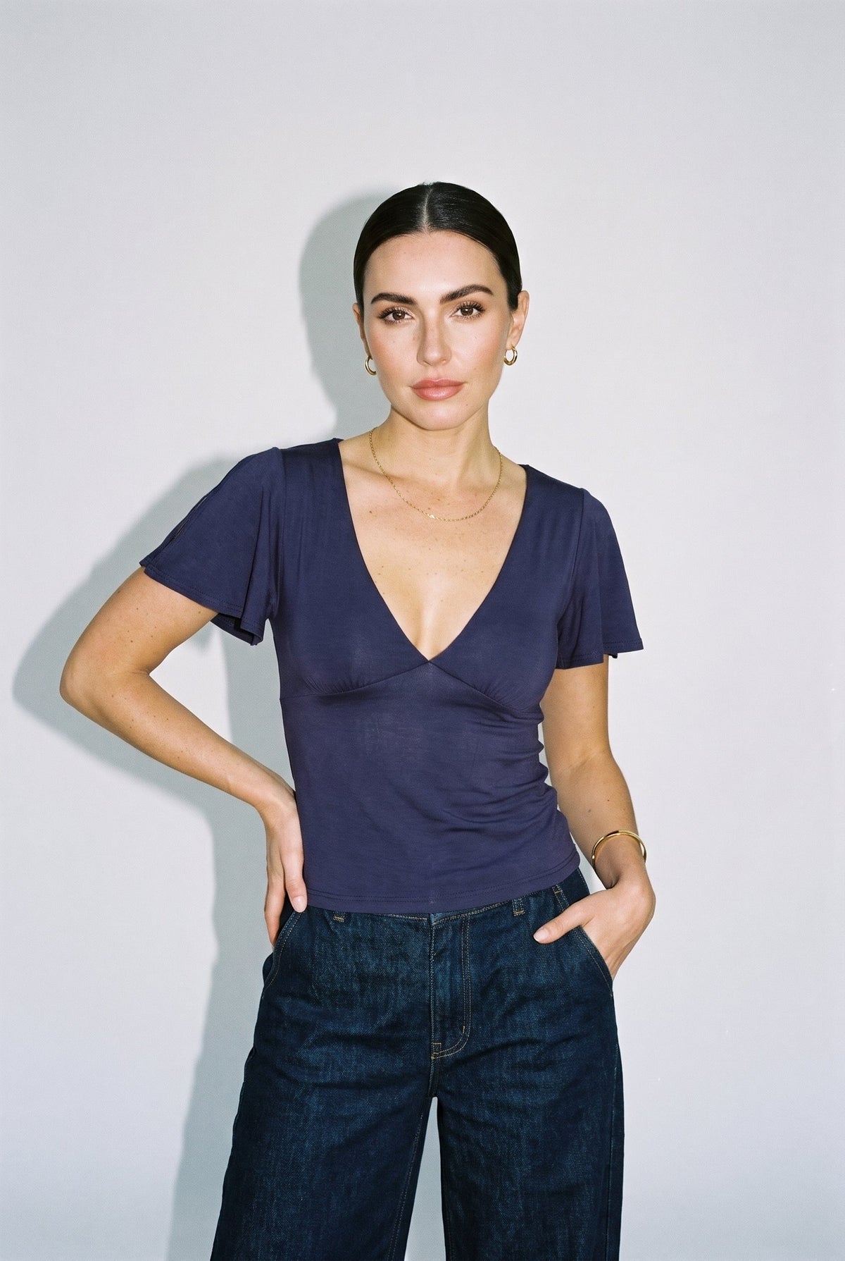 Bell Sleeve Deep V Neck Top Blue Blush