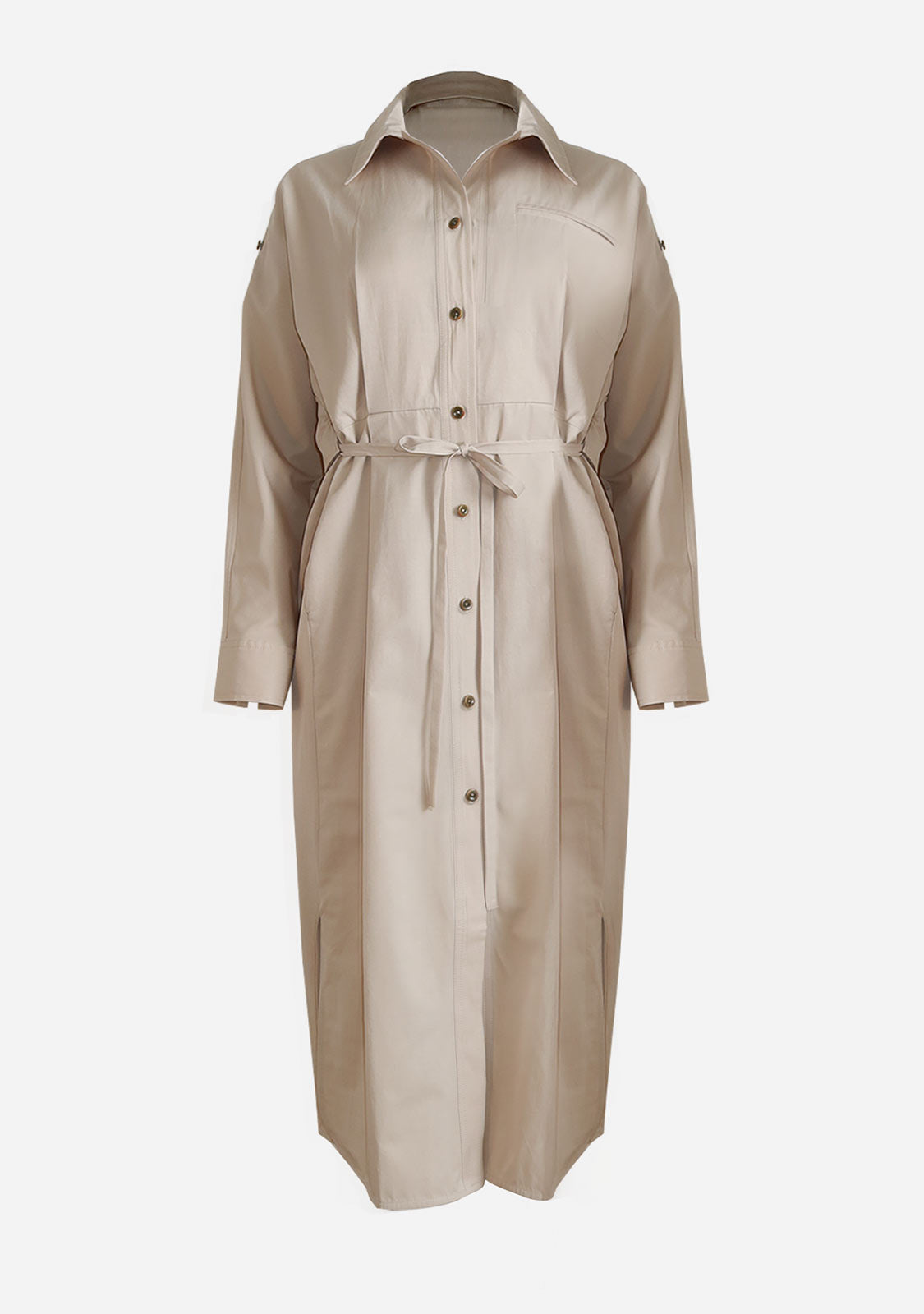 Belted Button-Down Shirt Dress Beige