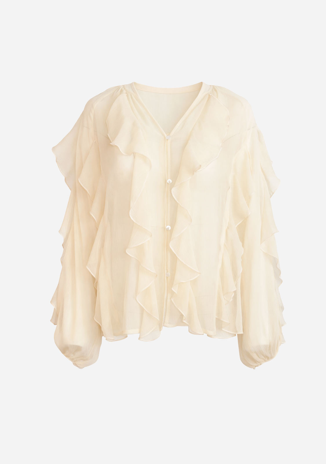 Ruffle Front Long Sleeve Blouse Beige 12 Rue Collette