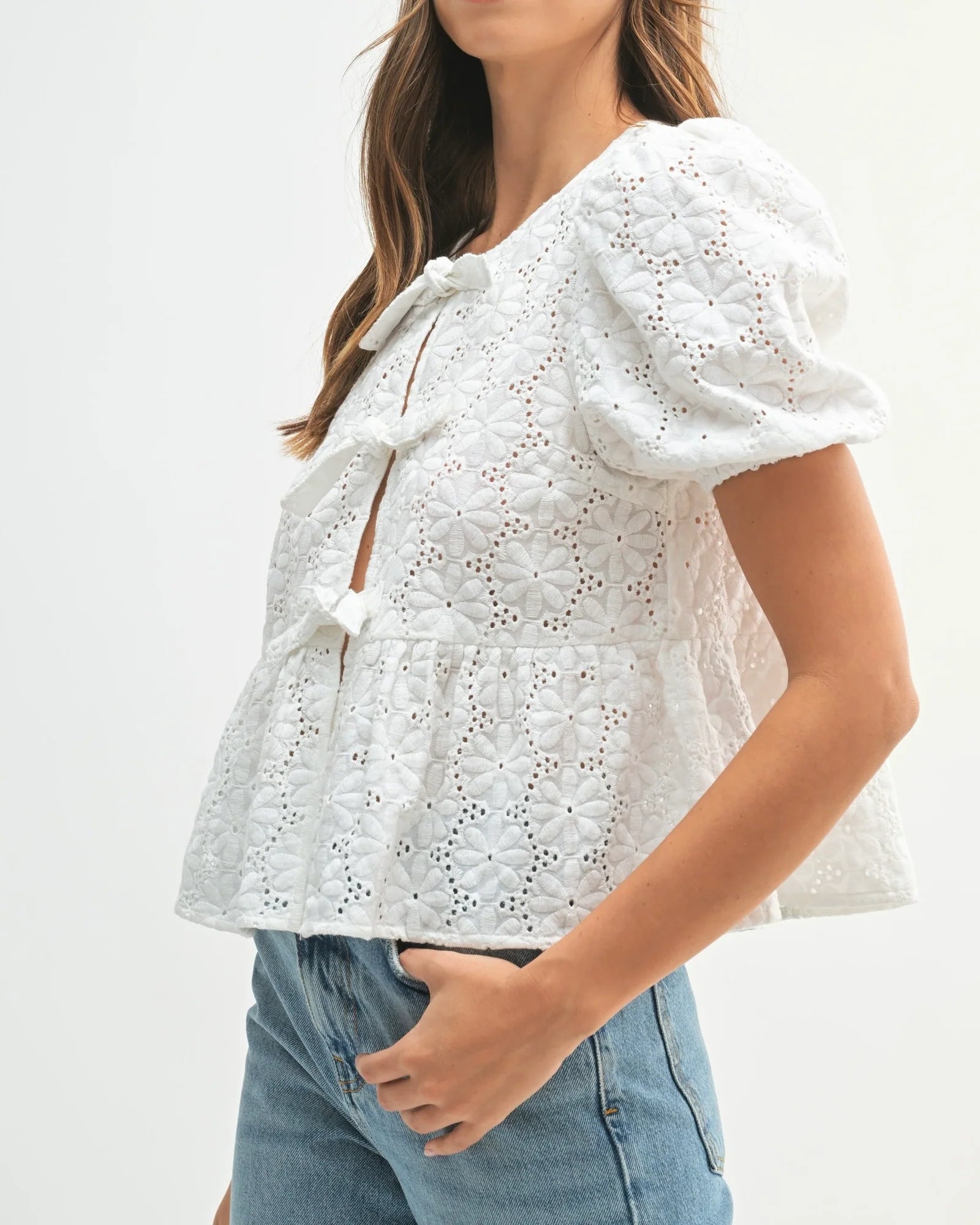 Eyelet Puff Sleeve Bottom Ruffle Front Tie Top Off White
