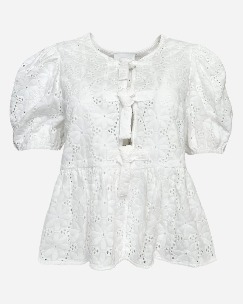 Eyelet Puff Sleeve Bottom Ruffle Front Tie Top Off White
