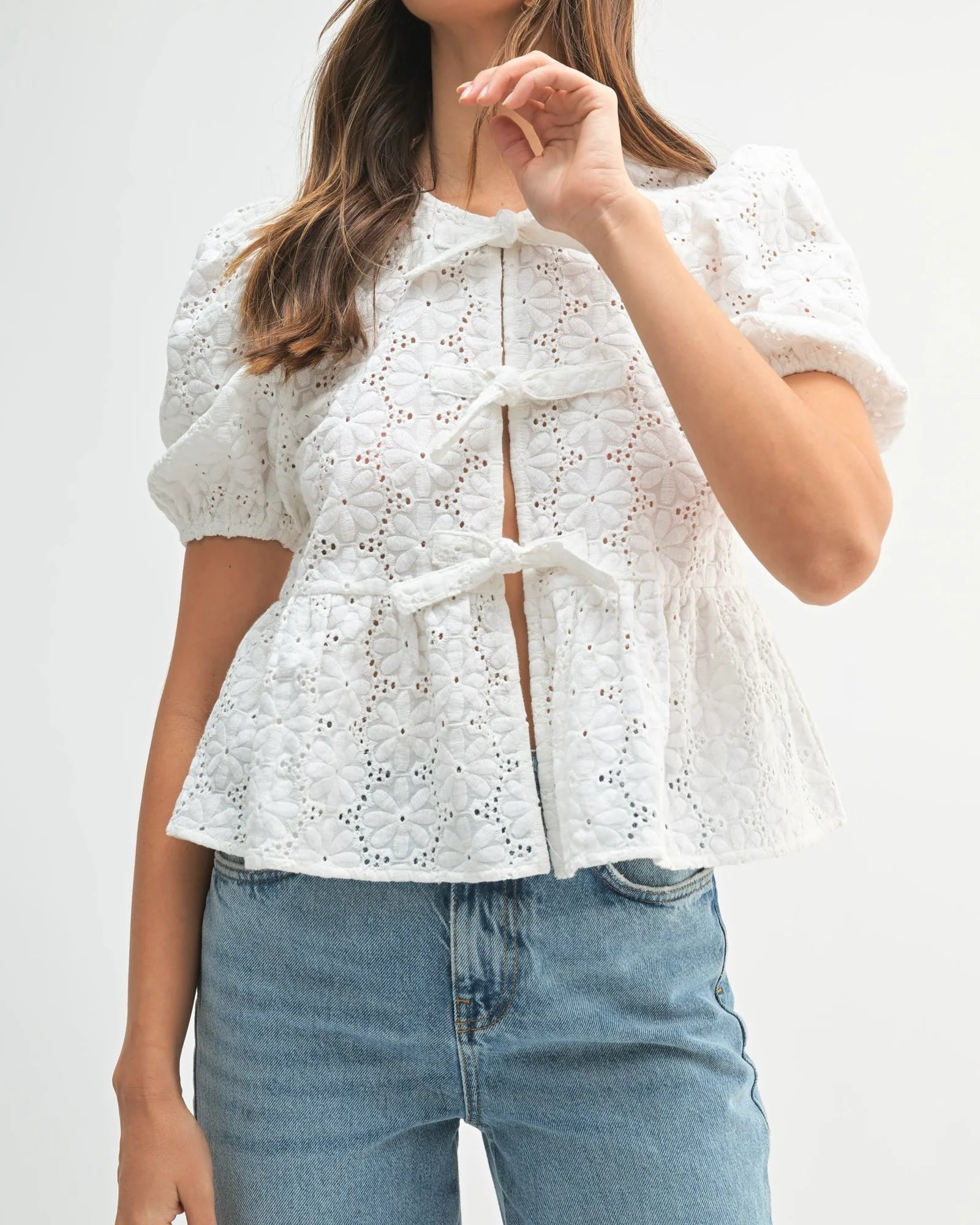 Eyelet Puff Sleeve Bottom Ruffle Front Tie Top Off White