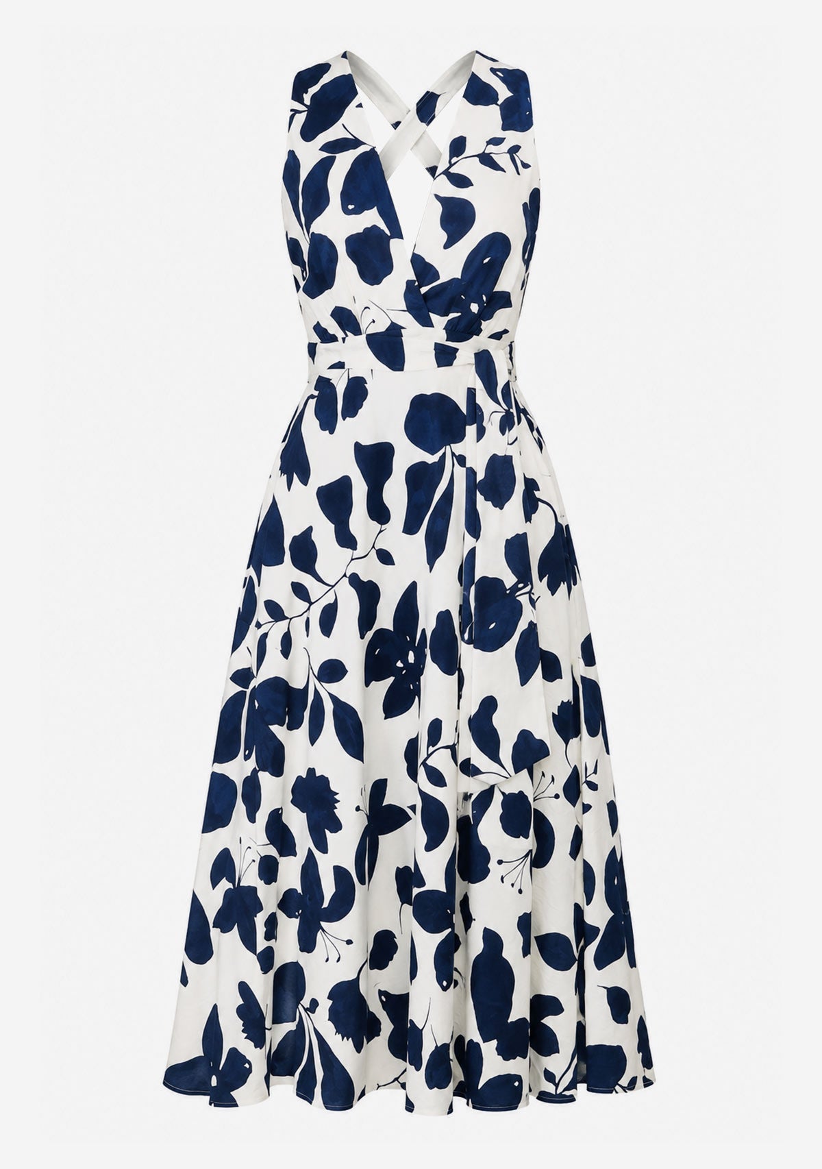 Floral Print Midi Dress With A Plunging Halter Neckline And Waist Tie Ivory/Navy Aakaa