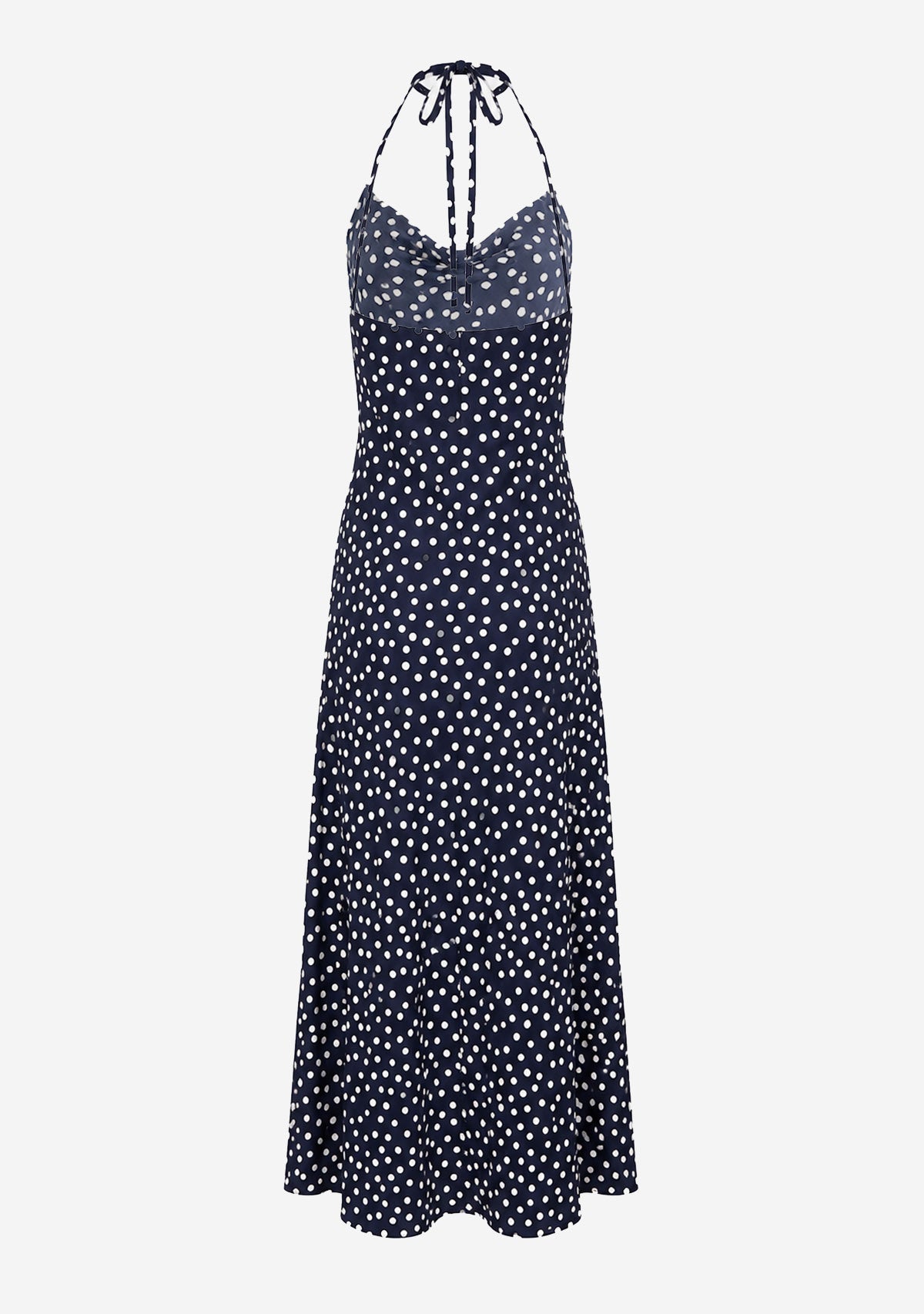 Polka Dot Maxi Dress With Halter Neck And Open Back Detail Navy/Ivory