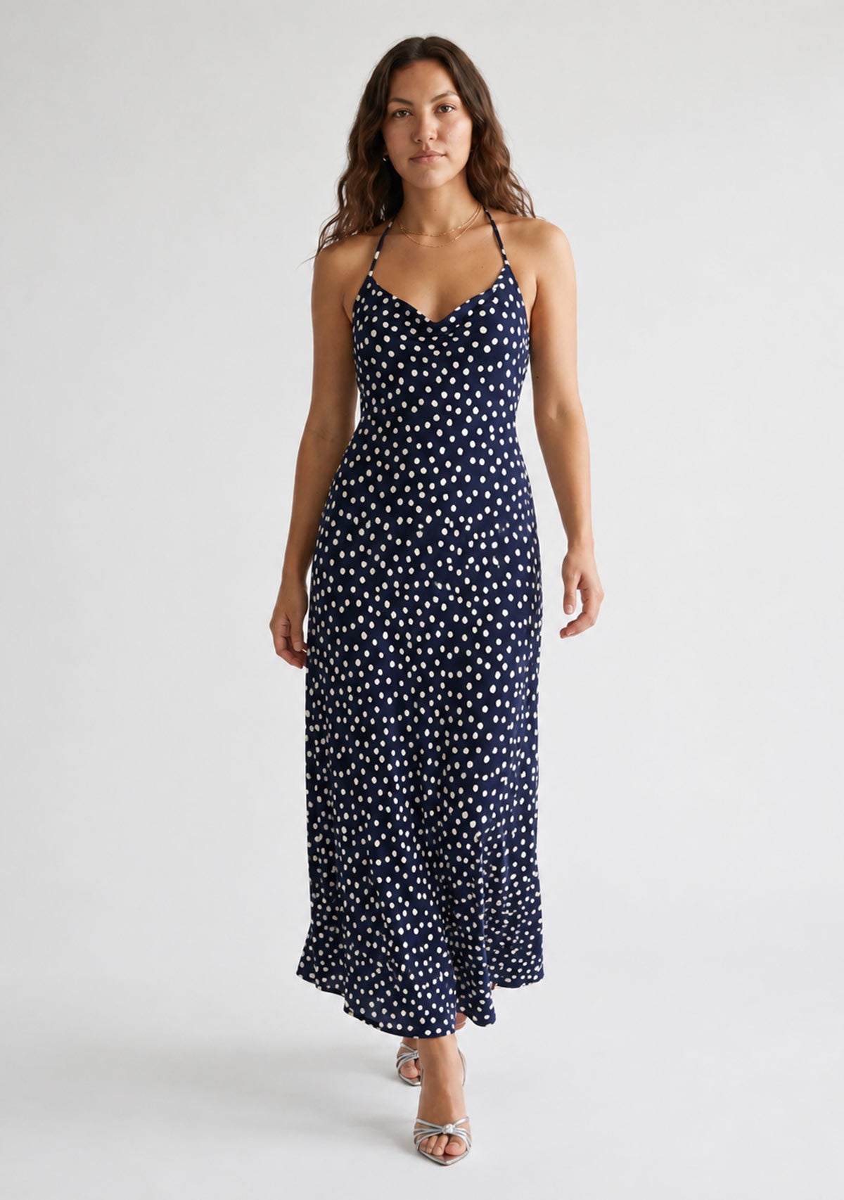 Polka Dot Maxi Dress With Halter Neck And Open Back Detail Navy/Ivory