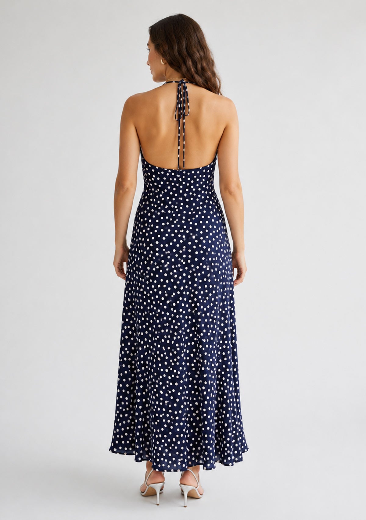 Polka Dot Maxi Dress With Halter Neck And Open Back Detail Navy/Ivory