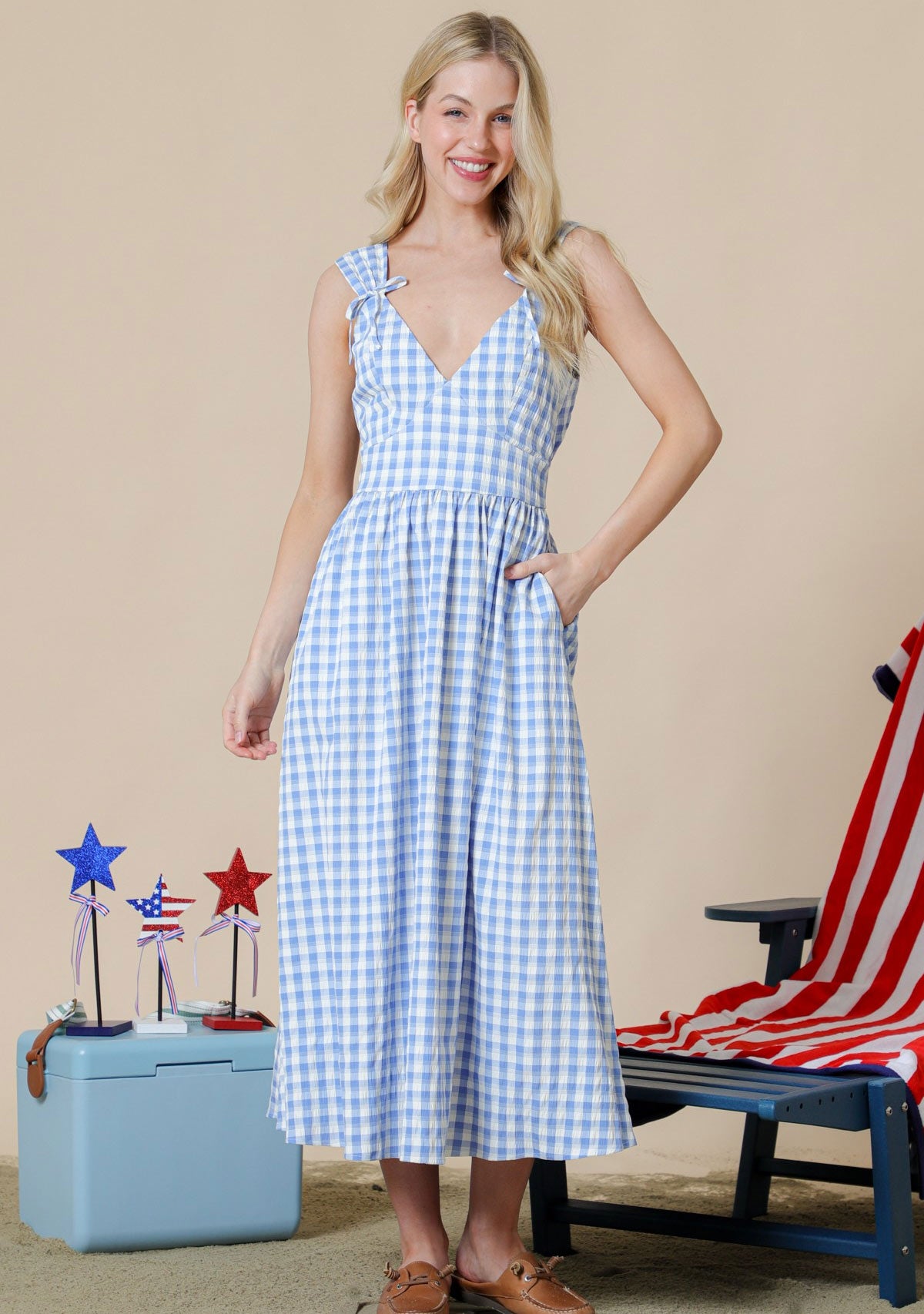 Textured Gingham Midi Dress With Front Ribbon Detail On Shoulder Blue