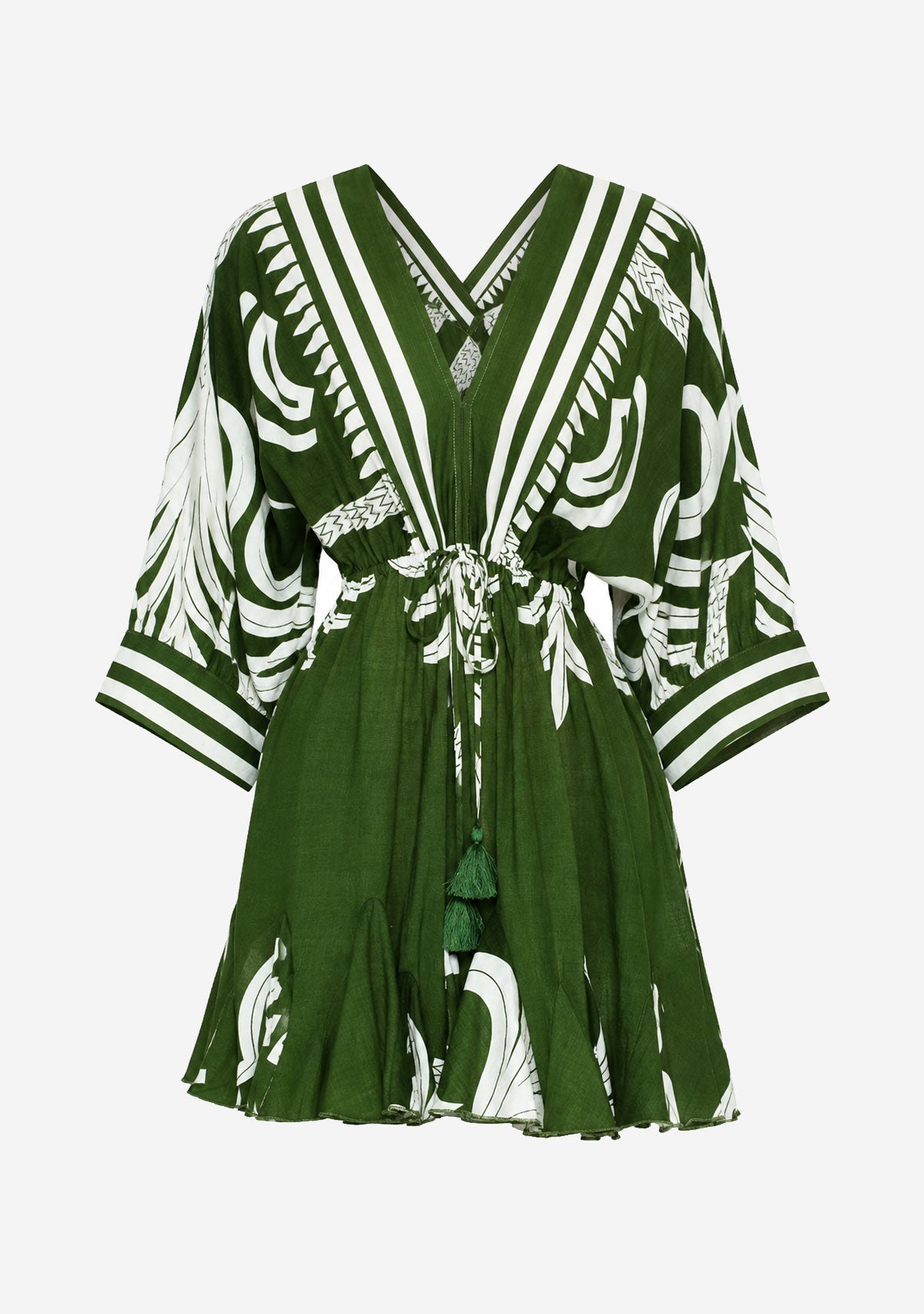 3/4 Dolman Sleeve Border Mini Dress Green/White Aakaa