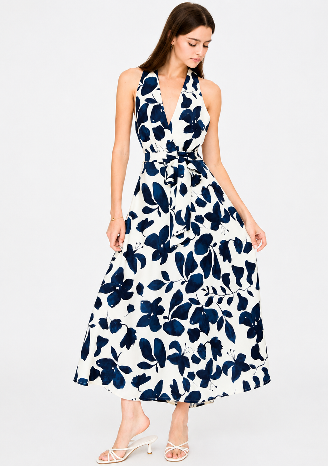 Floral Print Midi Dress With A Plunging Halter Neckline And Waist Tie Ivory/Navy