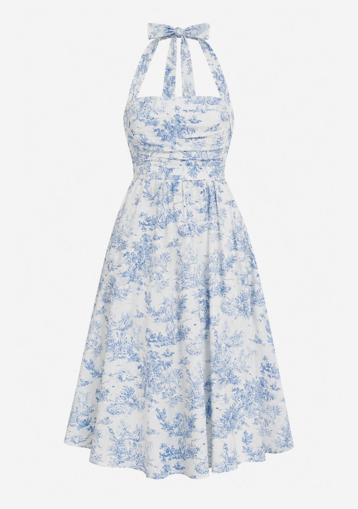 Halter Tie Back Chest Elastic Back Waisted Midi Dress White/Navy Aakaa