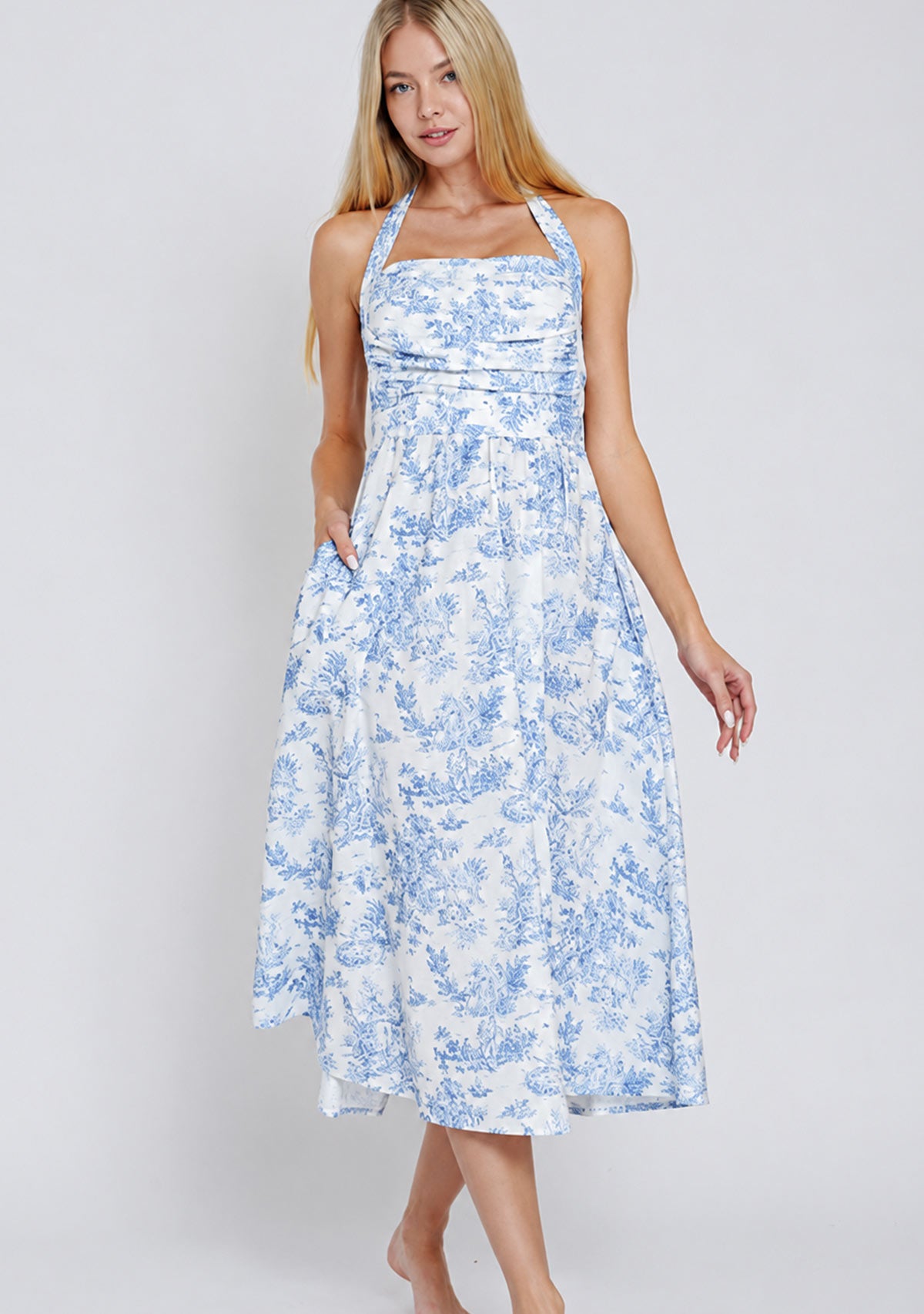 Halter Tie Back Chest Elastic Back Waisted Midi Dress White/Navy