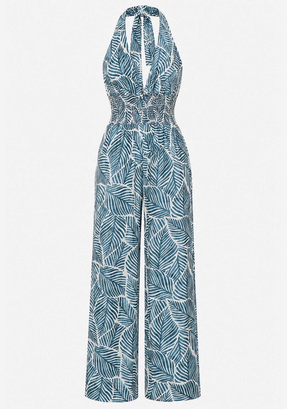Halter Tie Back Neck Strap Backless Jumpsuit White/Blue Aakaa