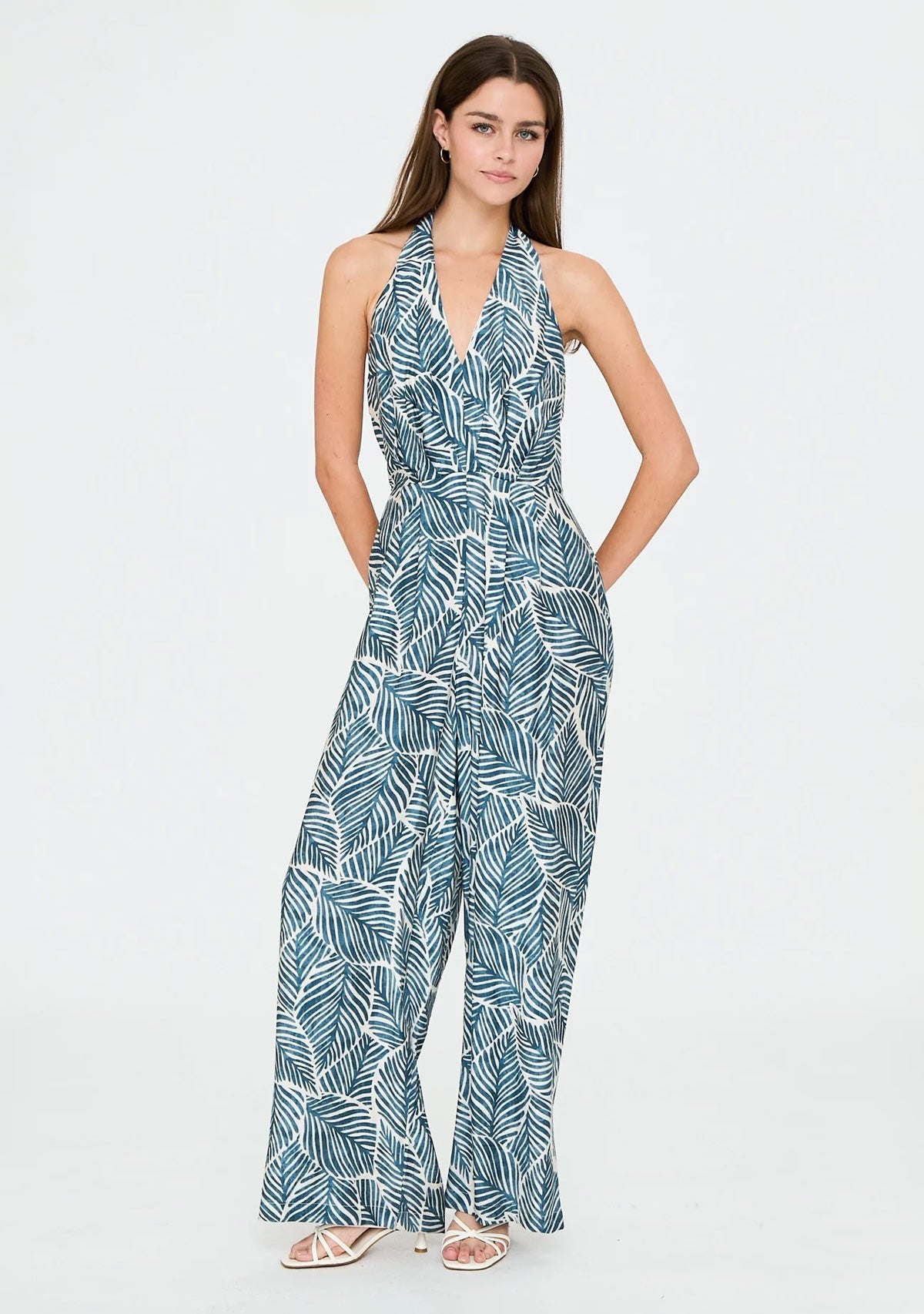 Halter Tie Back Neck Strap Backless Jumpsuit White/Blue Aakaa