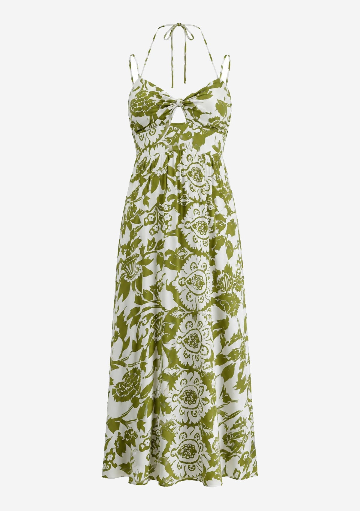 Thin Adjustable Strap Tie Back Neck Maxi Dress White/Green Aakaa