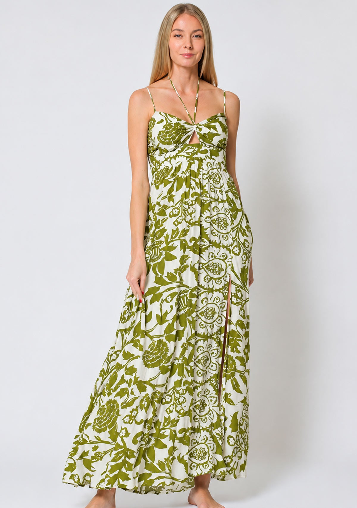 Thin Adjustable Strap Tie Back Neck Maxi Dress White/Green