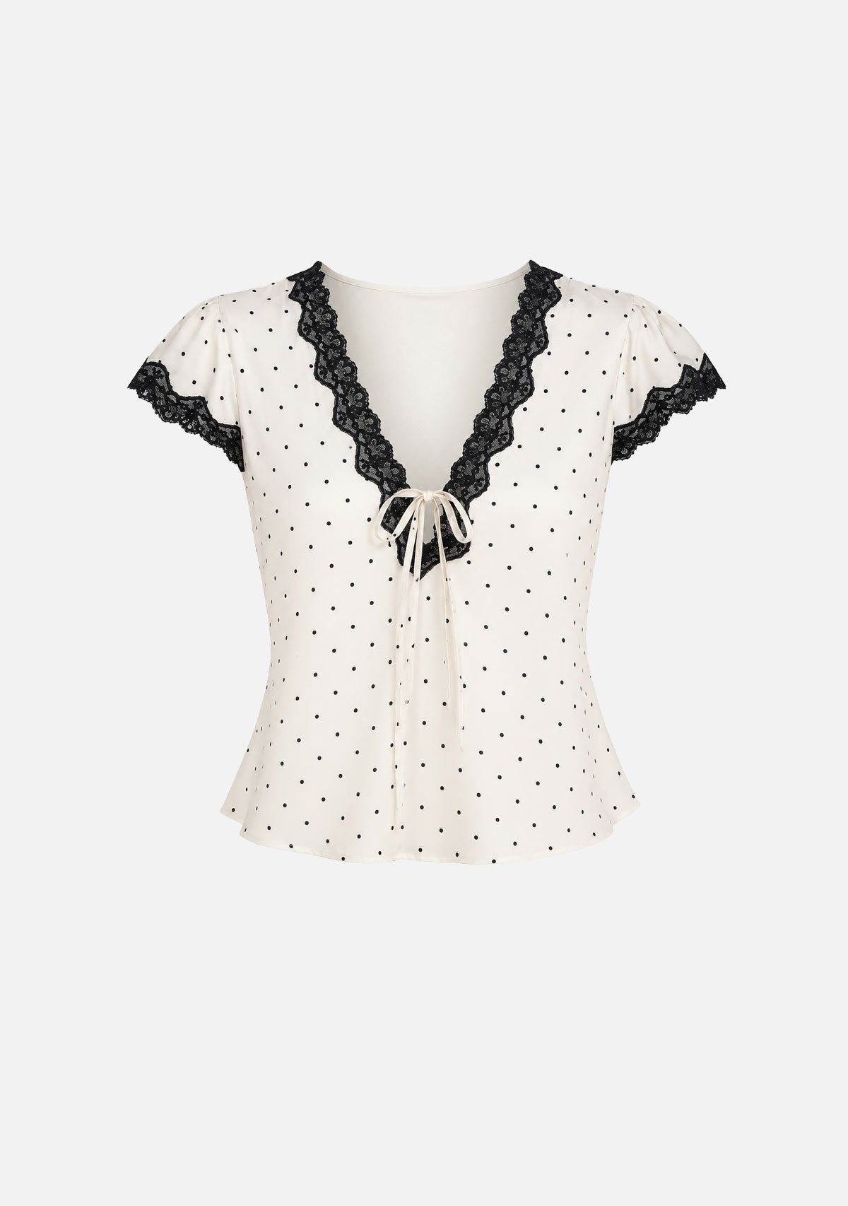 Polka Dot Satin Lace V Neck Top Cream Aaron & Amber