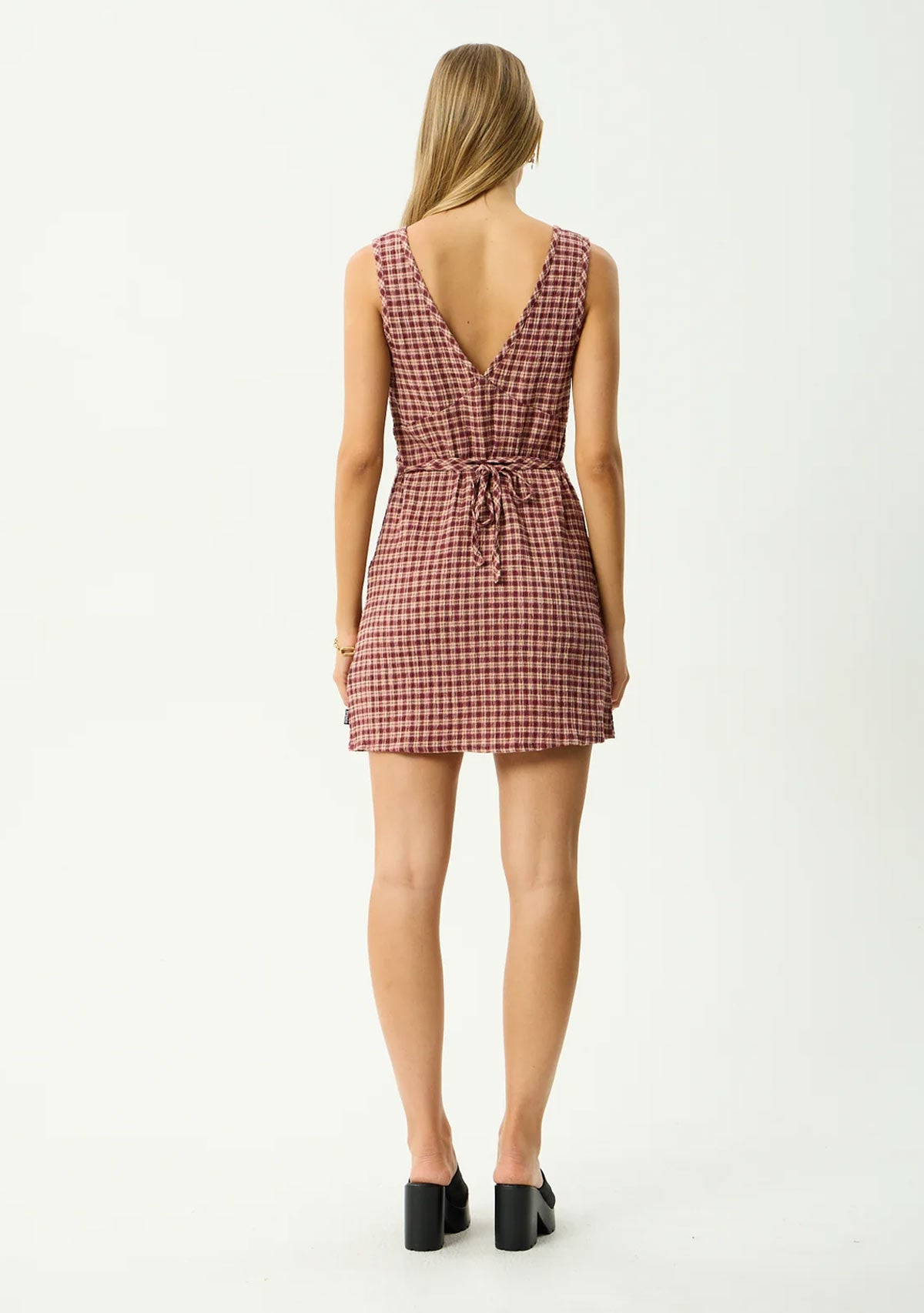 Capricorn - Hemp Seersucker Mini Dress Burgundy / Beige Check