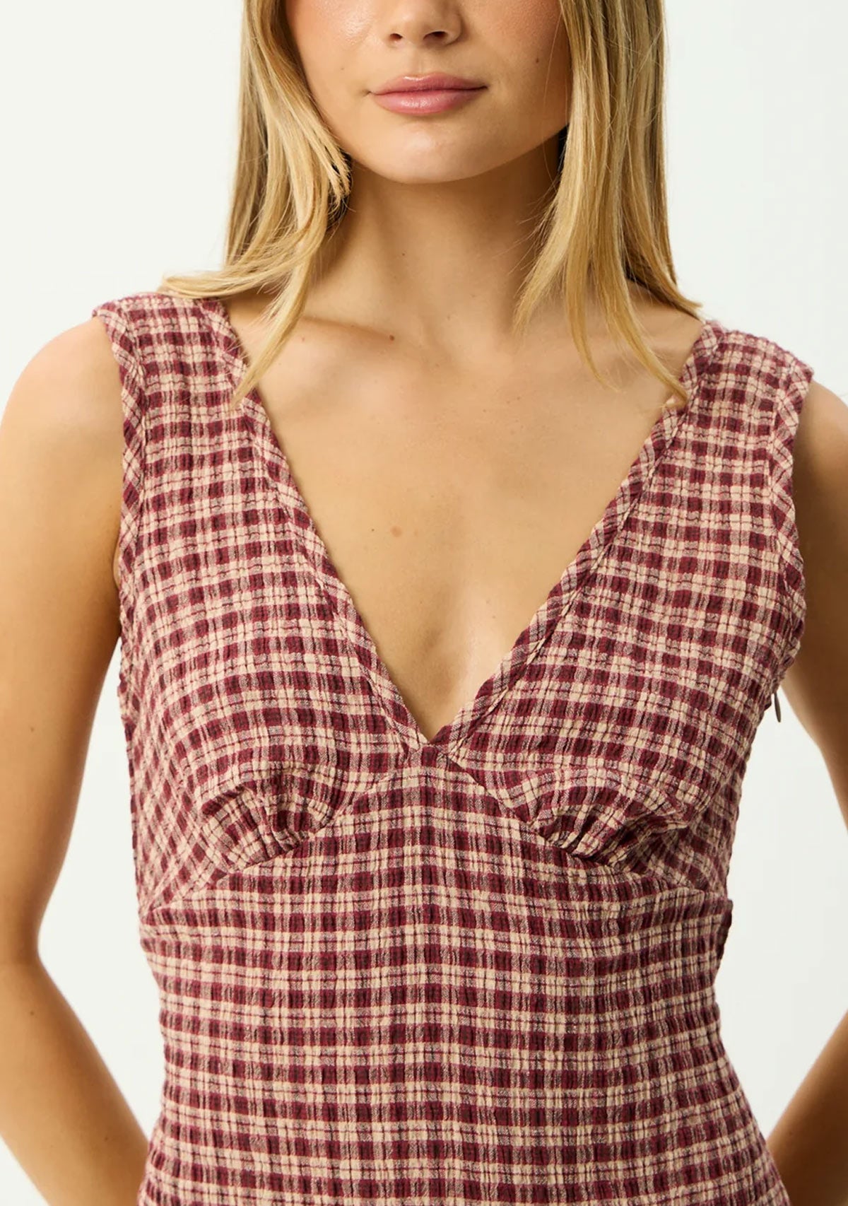 Capricorn - Hemp Seersucker Mini Dress Burgundy / Beige Check