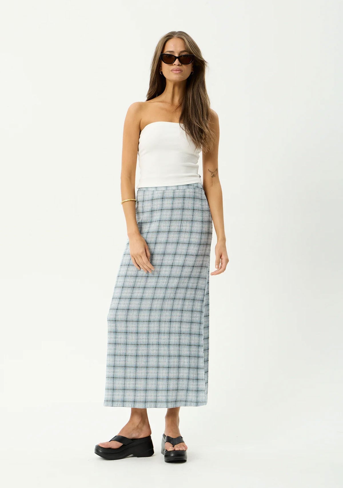Lagoon - Hemp Seersucker Maxi Skirt Overcast Check AFENDS