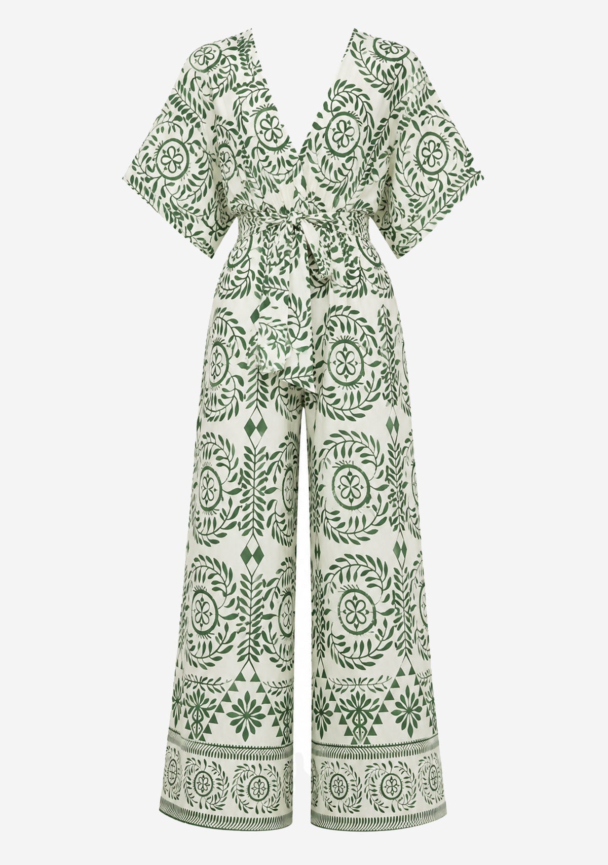 Kimono Sleeve Elastic Back Waisted Border Printed Jumpsuit Ivory/Green Aakaa