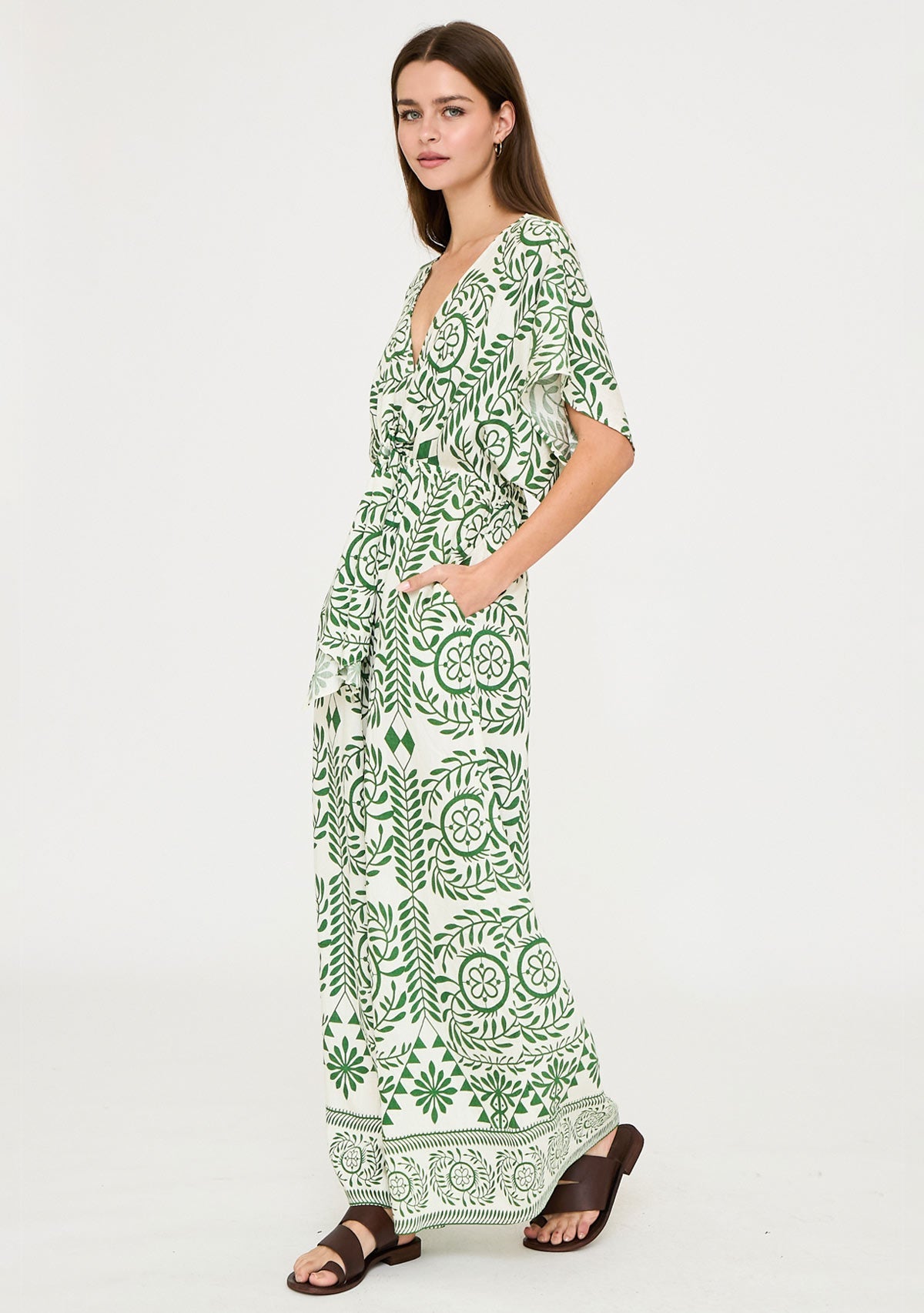 Kimono Sleeve Elastic Back Waisted Border Printed Jumpsuit Ivory/Green Aakaa
