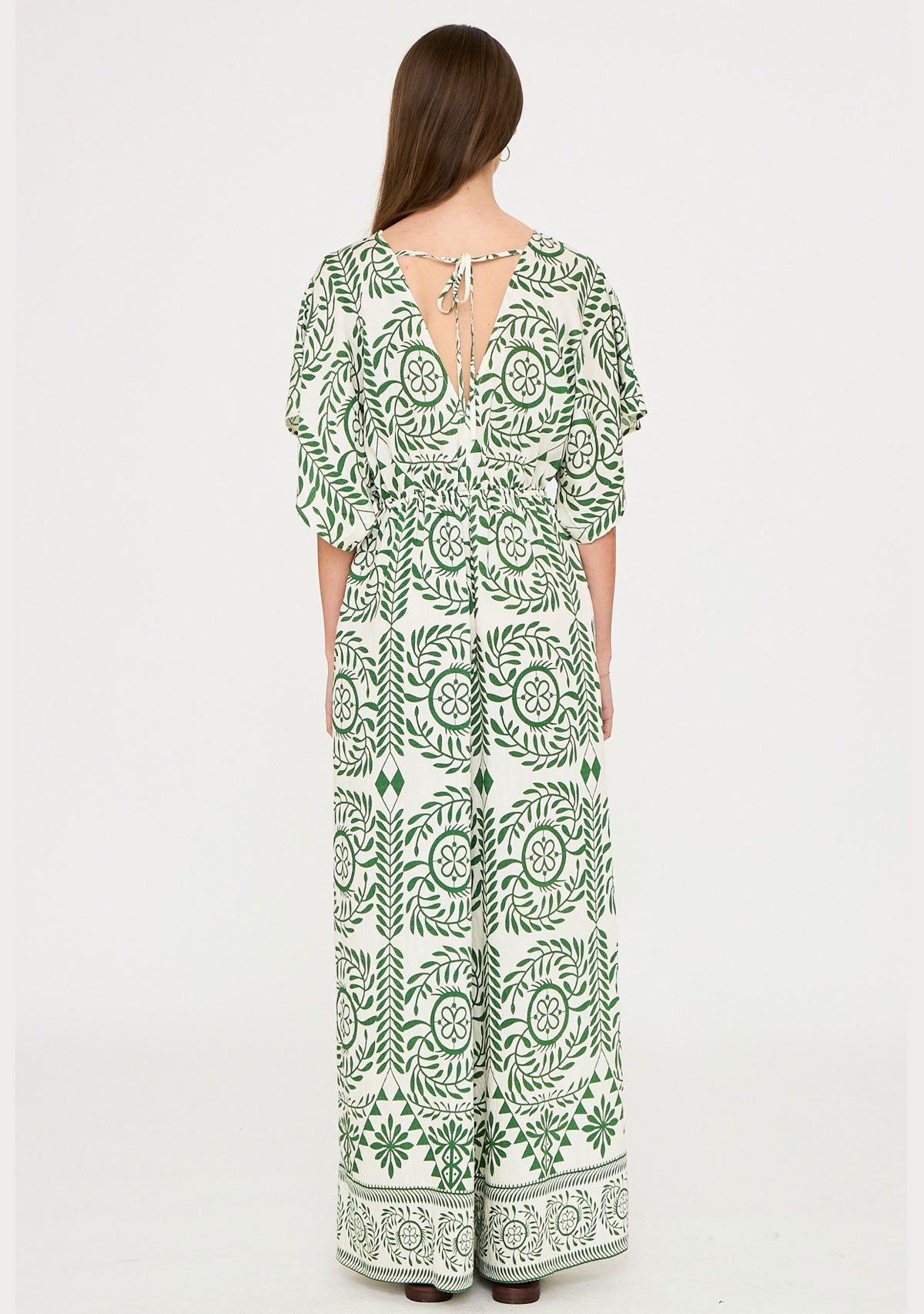 Kimono Sleeve Elastic Back Waisted Border Printed Jumpsuit Ivory/Green