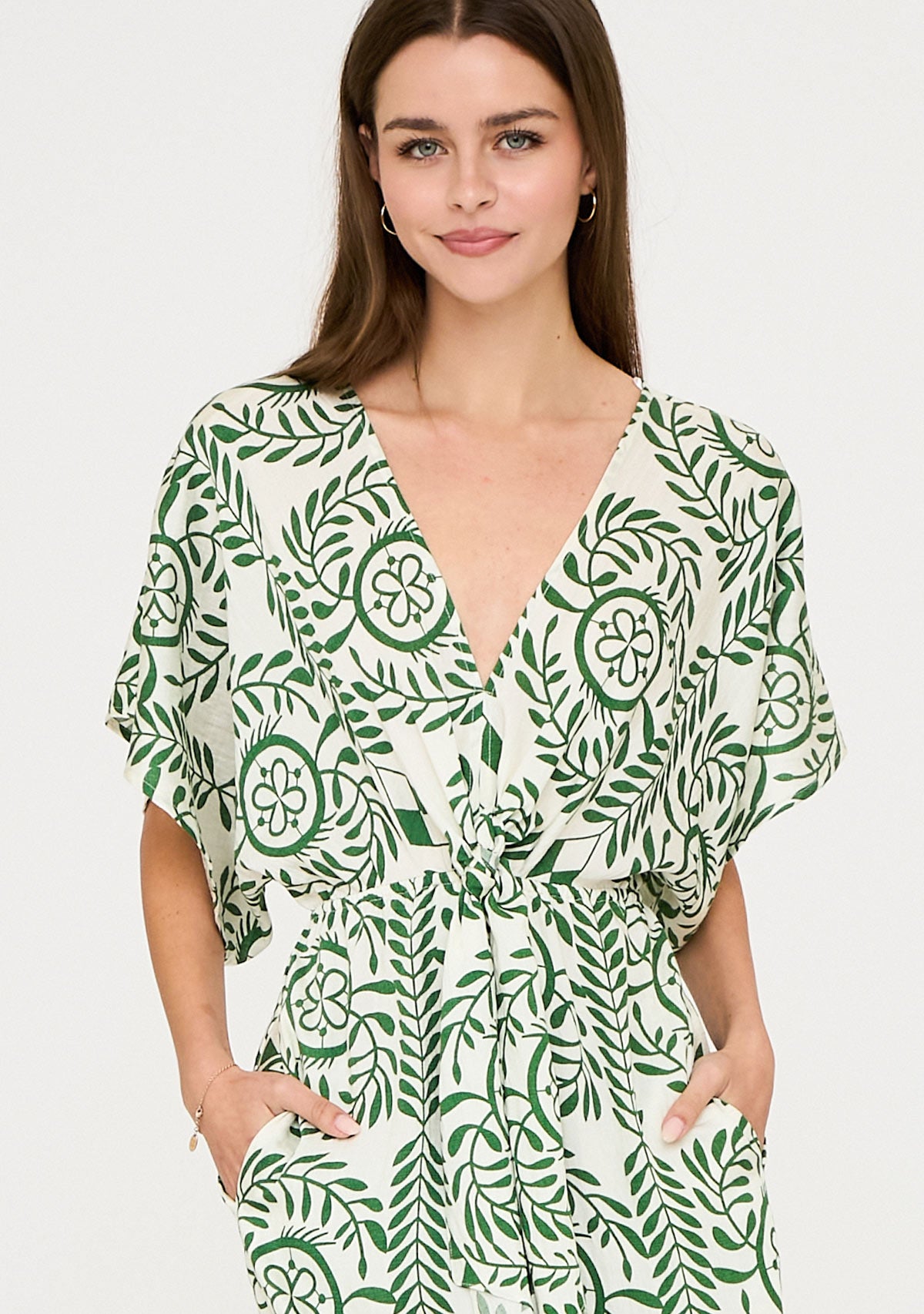 Kimono Sleeve Elastic Back Waisted Border Printed Jumpsuit Ivory/Green