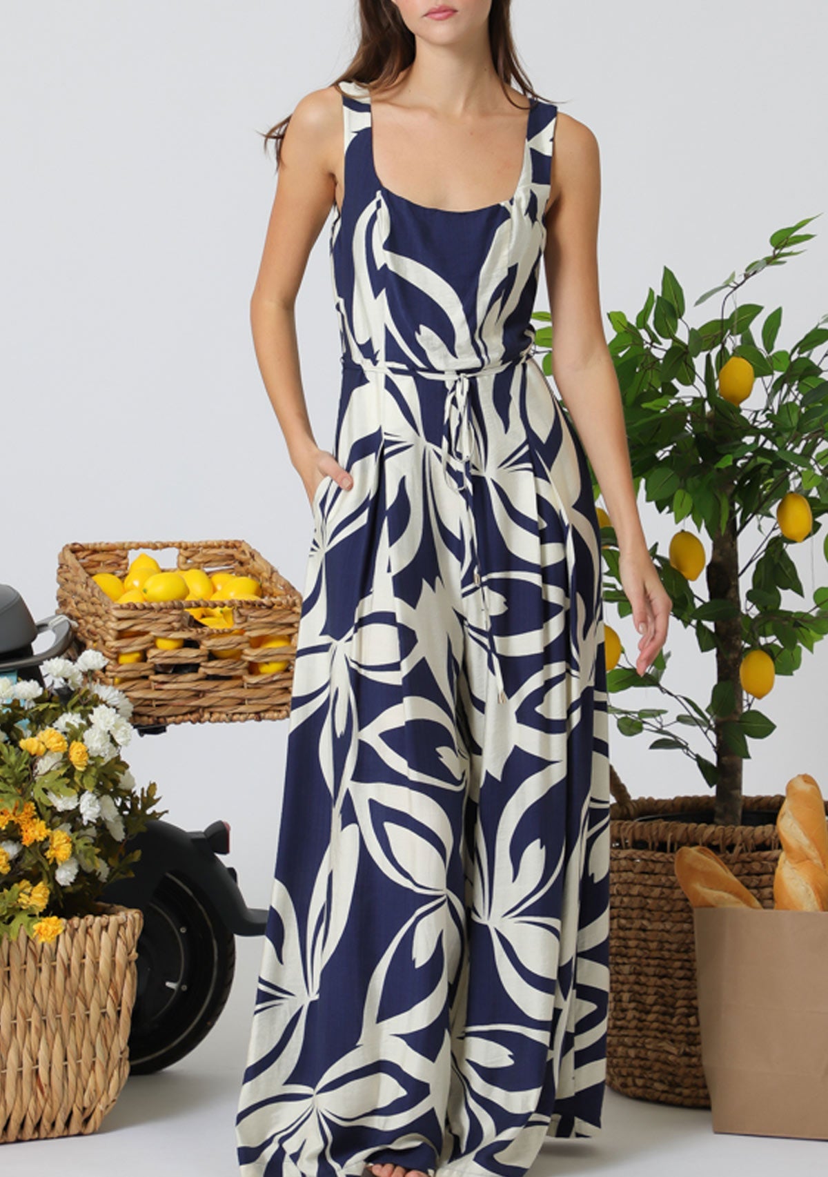 Square Neck Jumpsuit Navy/Ivory Aakaa
