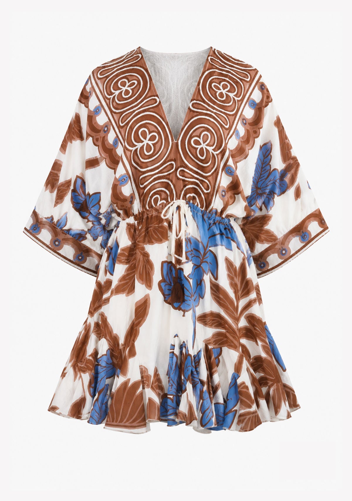 3/4 Dolman Sleeve Tie Front Waisted Border Printed Mini Dress Aakaa