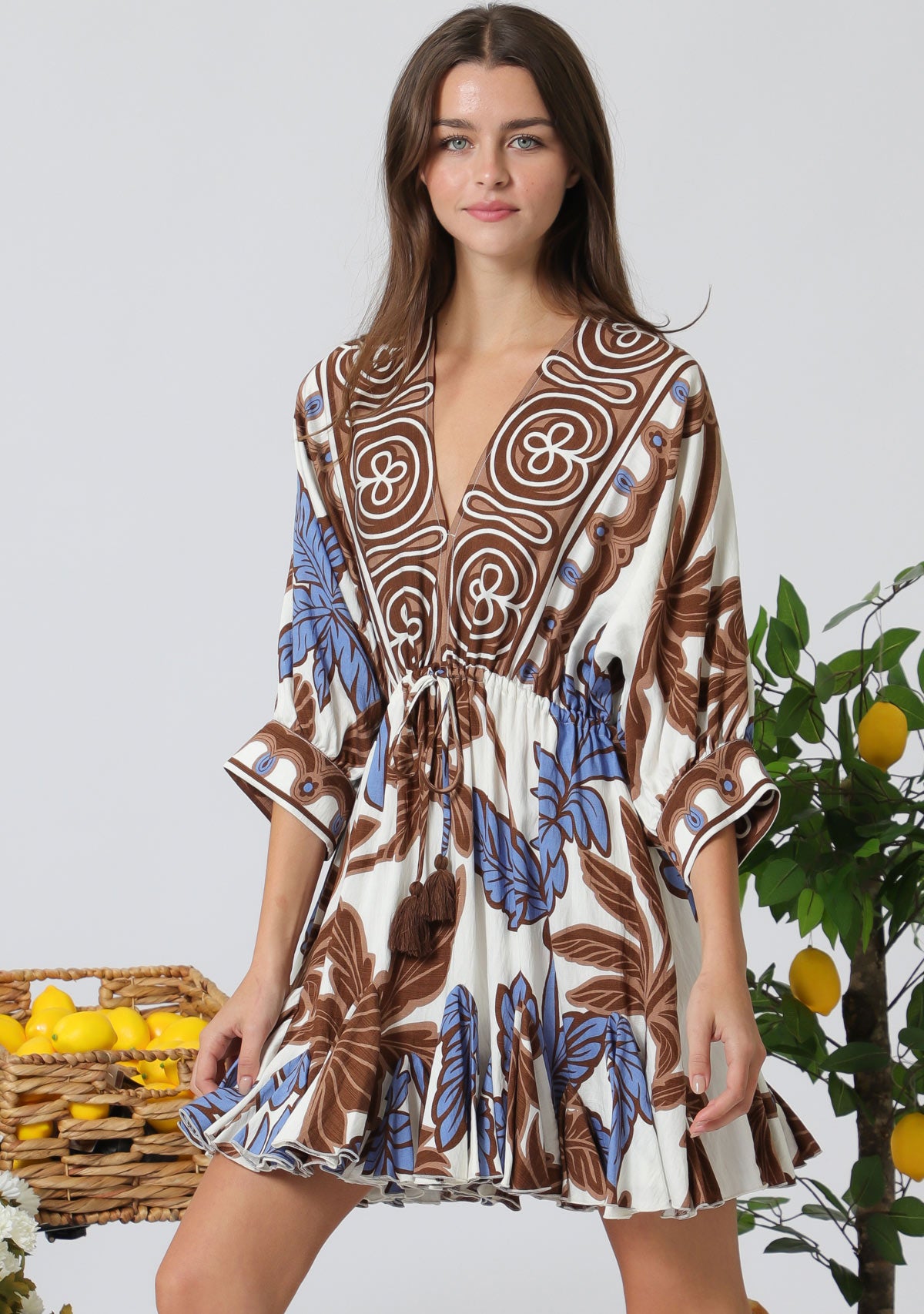 3/4 Dolman Sleeve Tie Front Waisted Border Printed Mini Dress