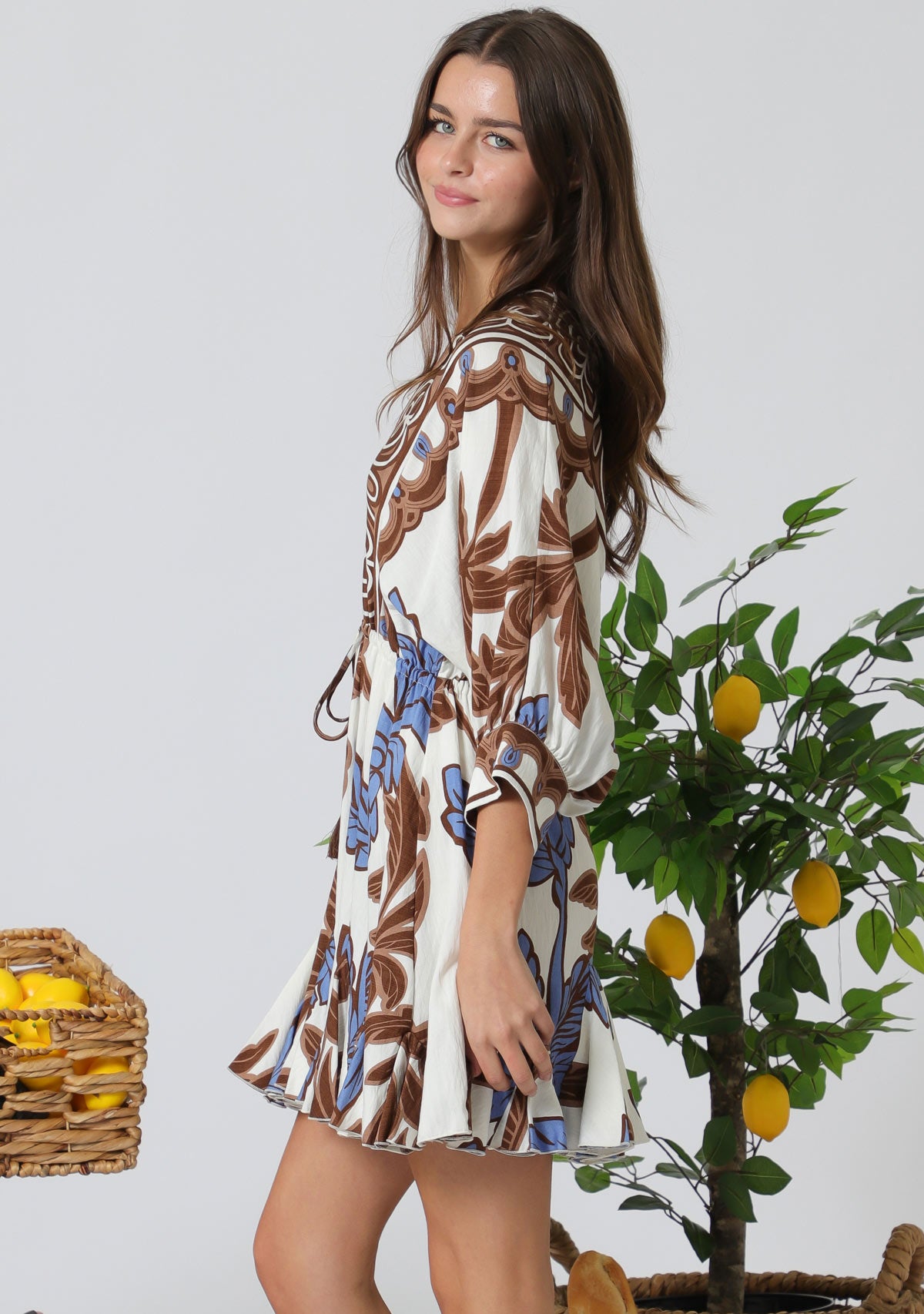 3/4 Dolman Sleeve Tie Front Waisted Border Printed Mini Dress