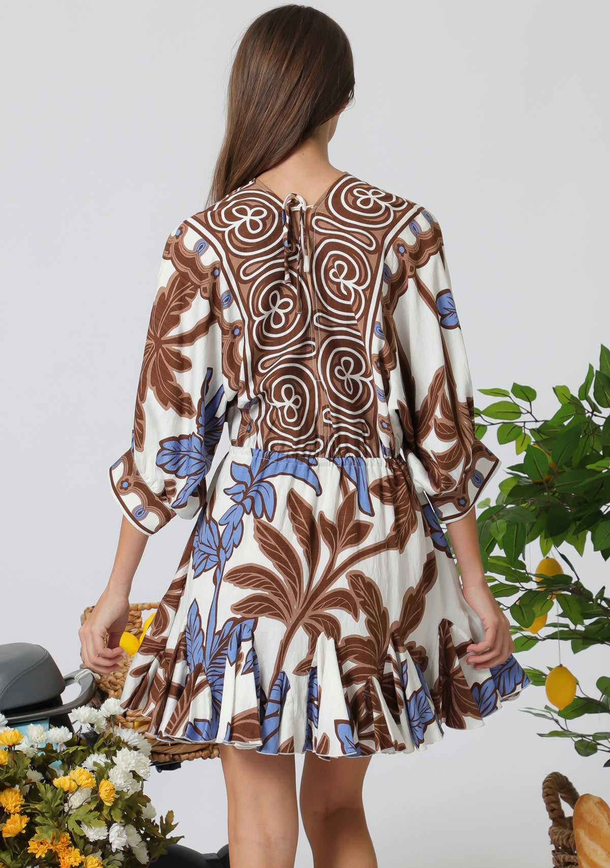 3/4 Dolman Sleeve Tie Front Waisted Border Printed Mini Dress
