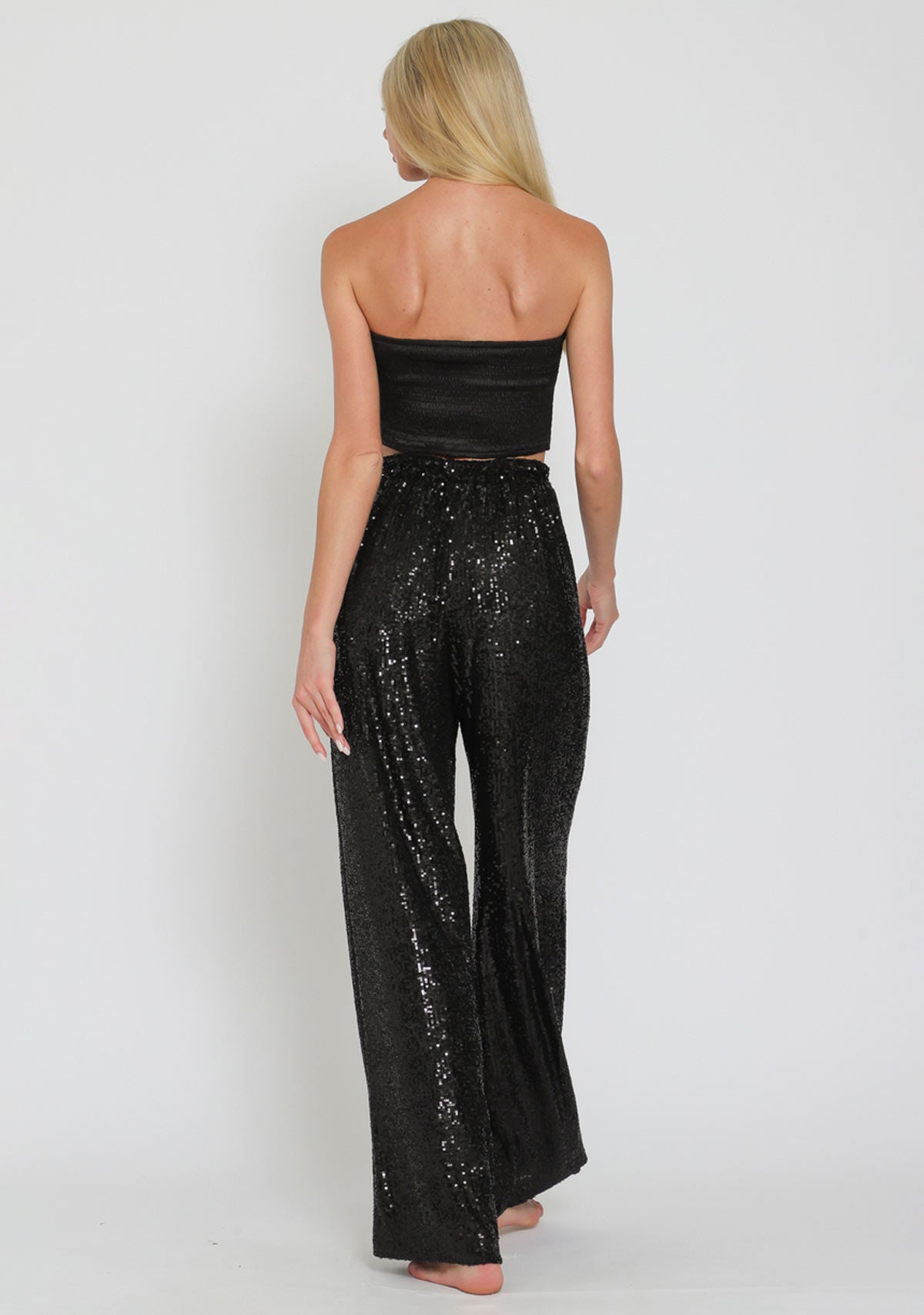 Elastic Back Waisted Sequin Long Pants Black